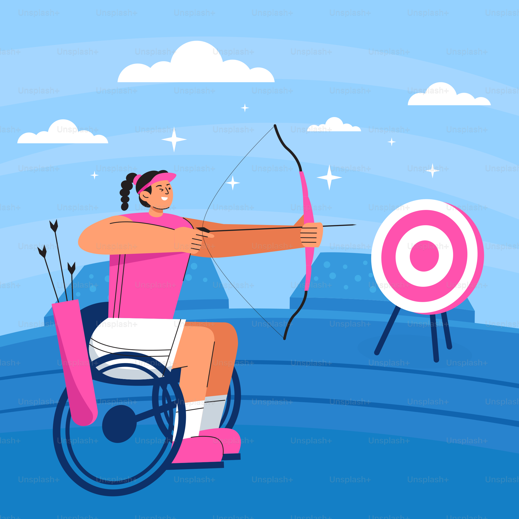휠체어에 앉은 여성이 과녁을 향해 활을 겨누고 있다