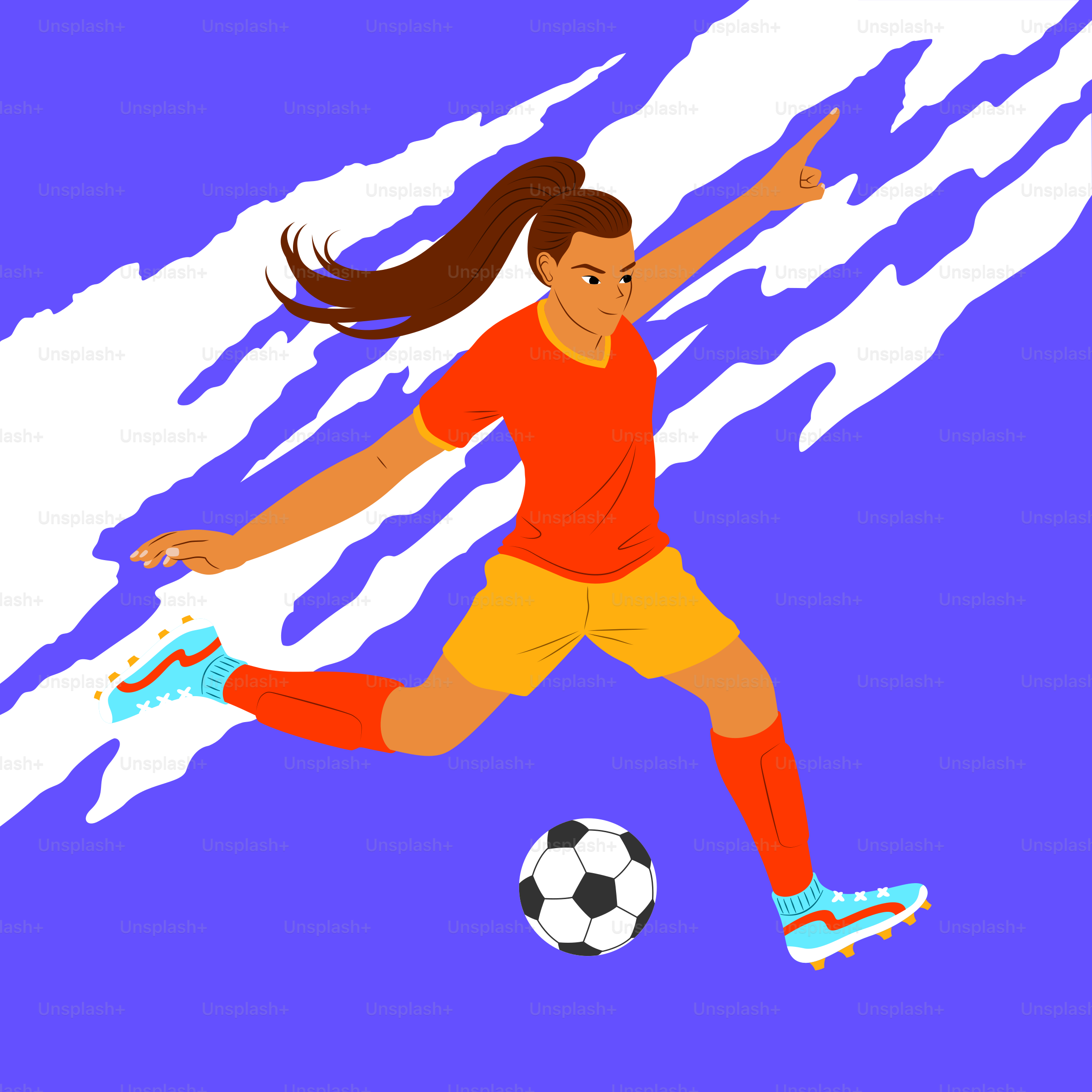 Una mujer pateando un balón de fútbol sobre un fondo morado