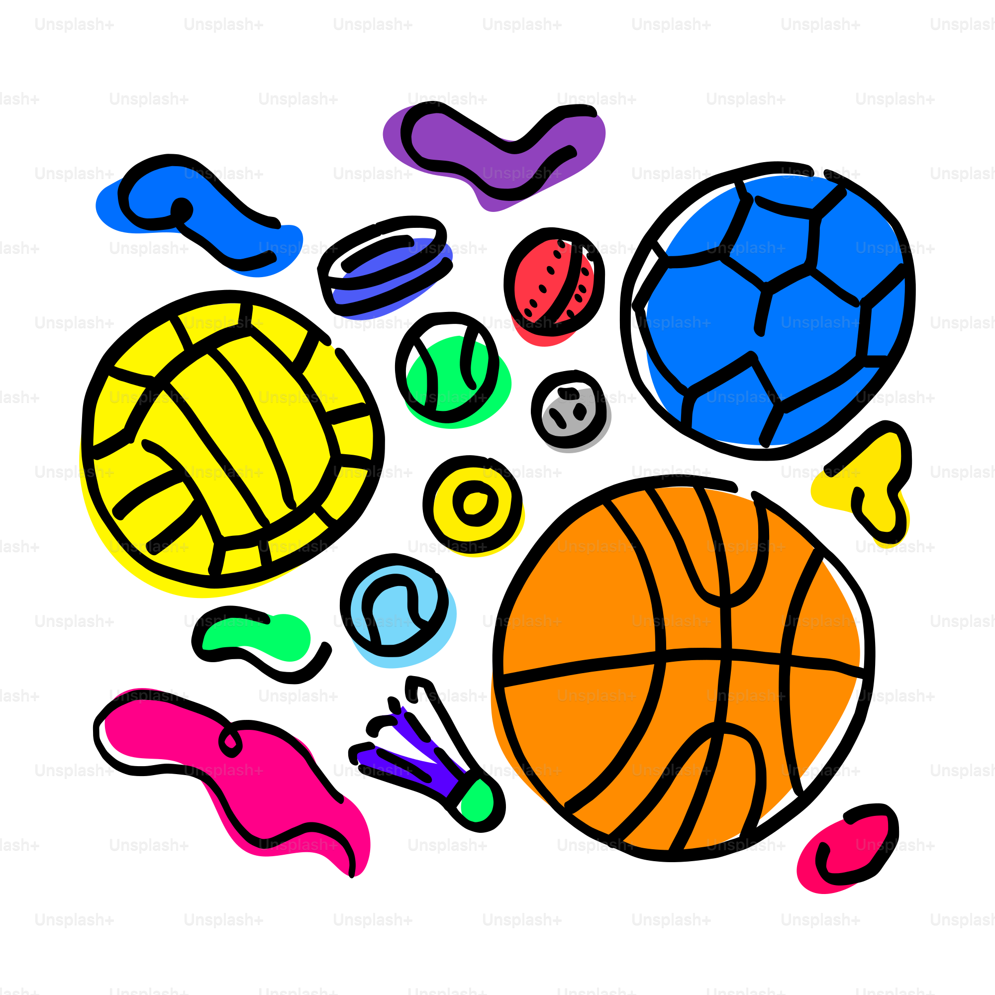 A drawing of a basketball ball and other items