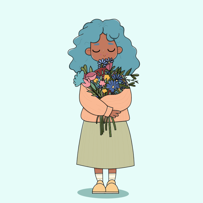 A woman with blue hair holding a bouquet of flowers
