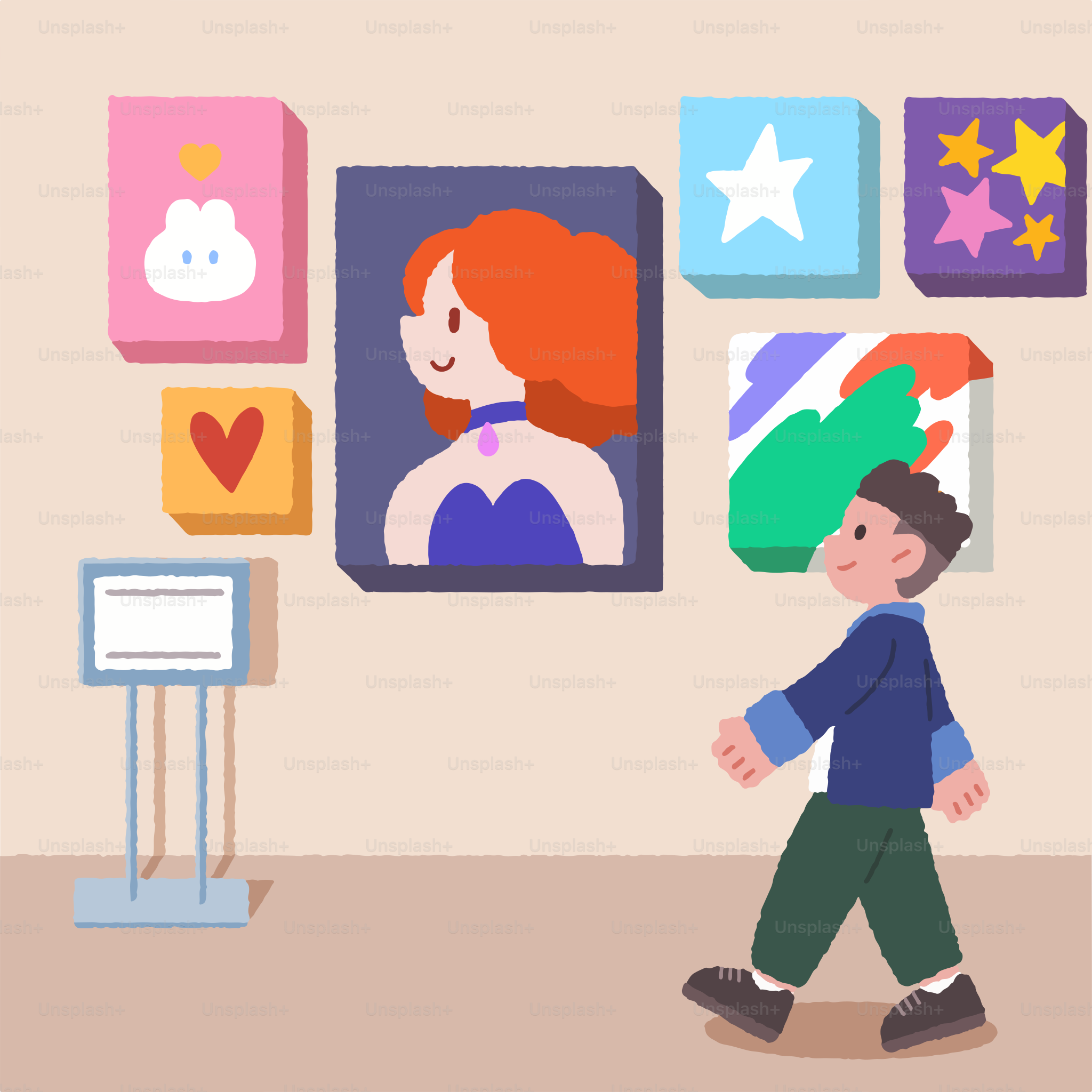 A person walking in a room with paintings on the wall