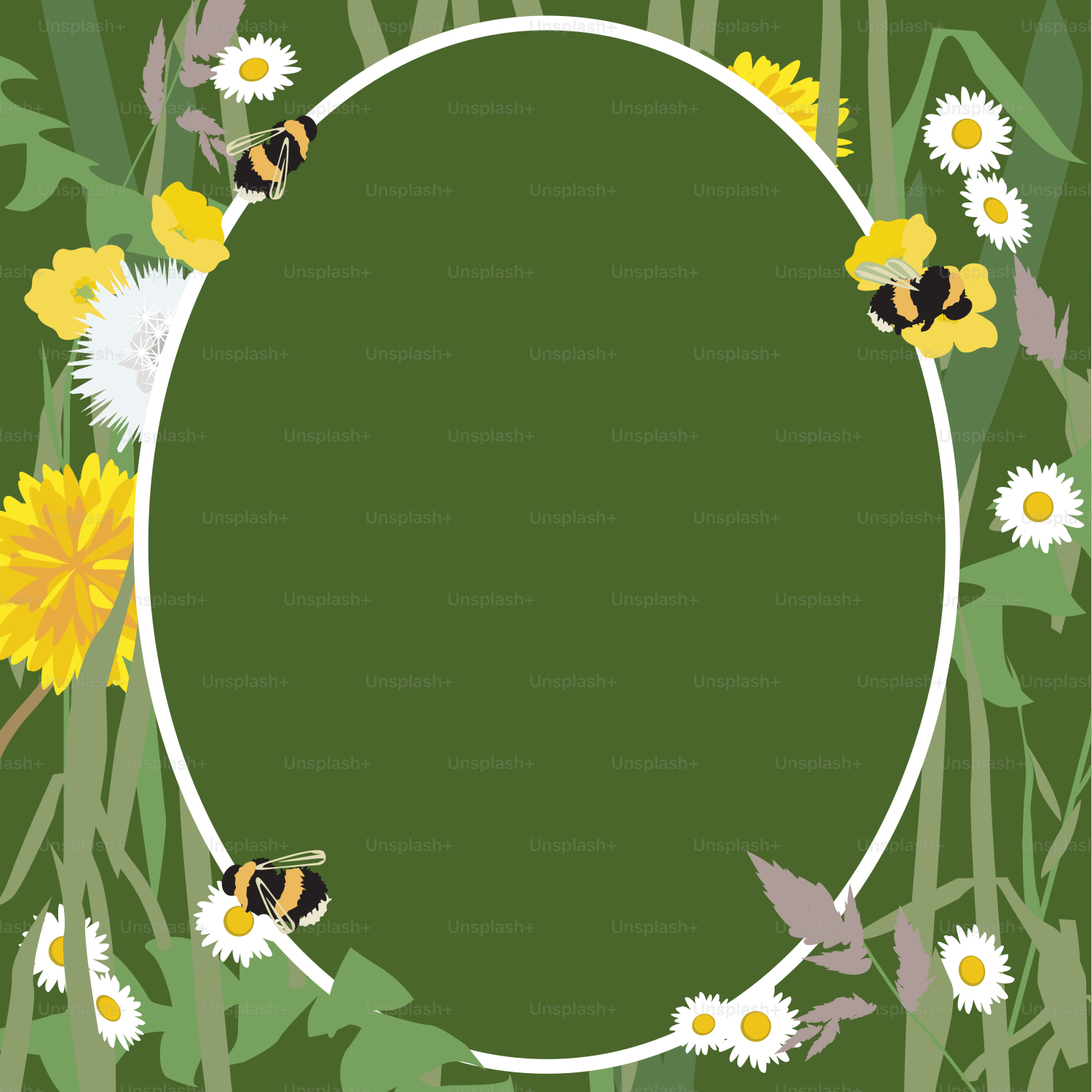 A picture frame with flowers and bees on a green background vector ...