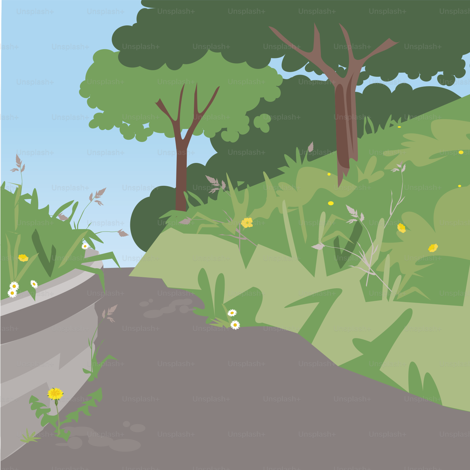Une caricature d’une route traversant une forêt