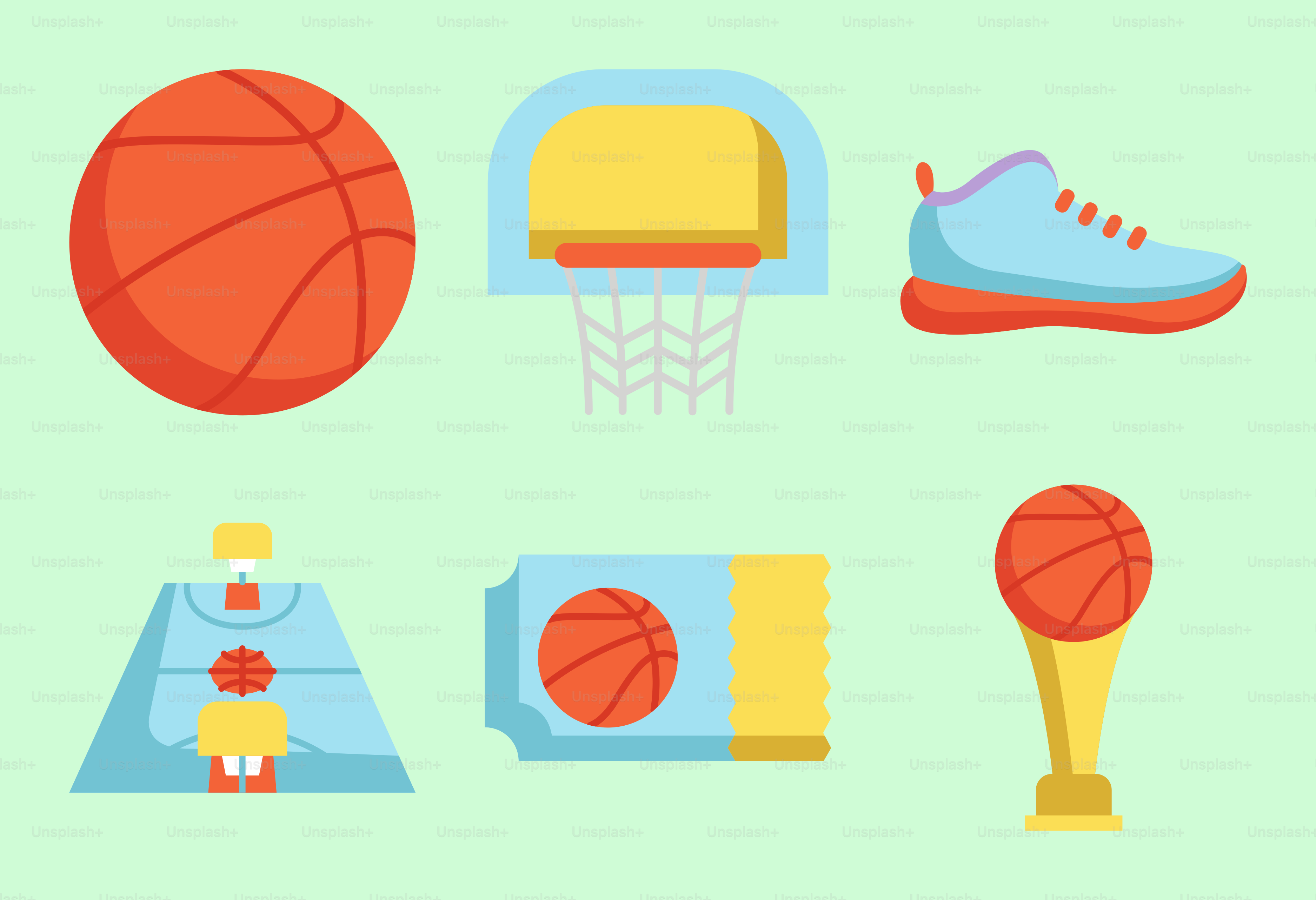 A set of different sports items on a green background