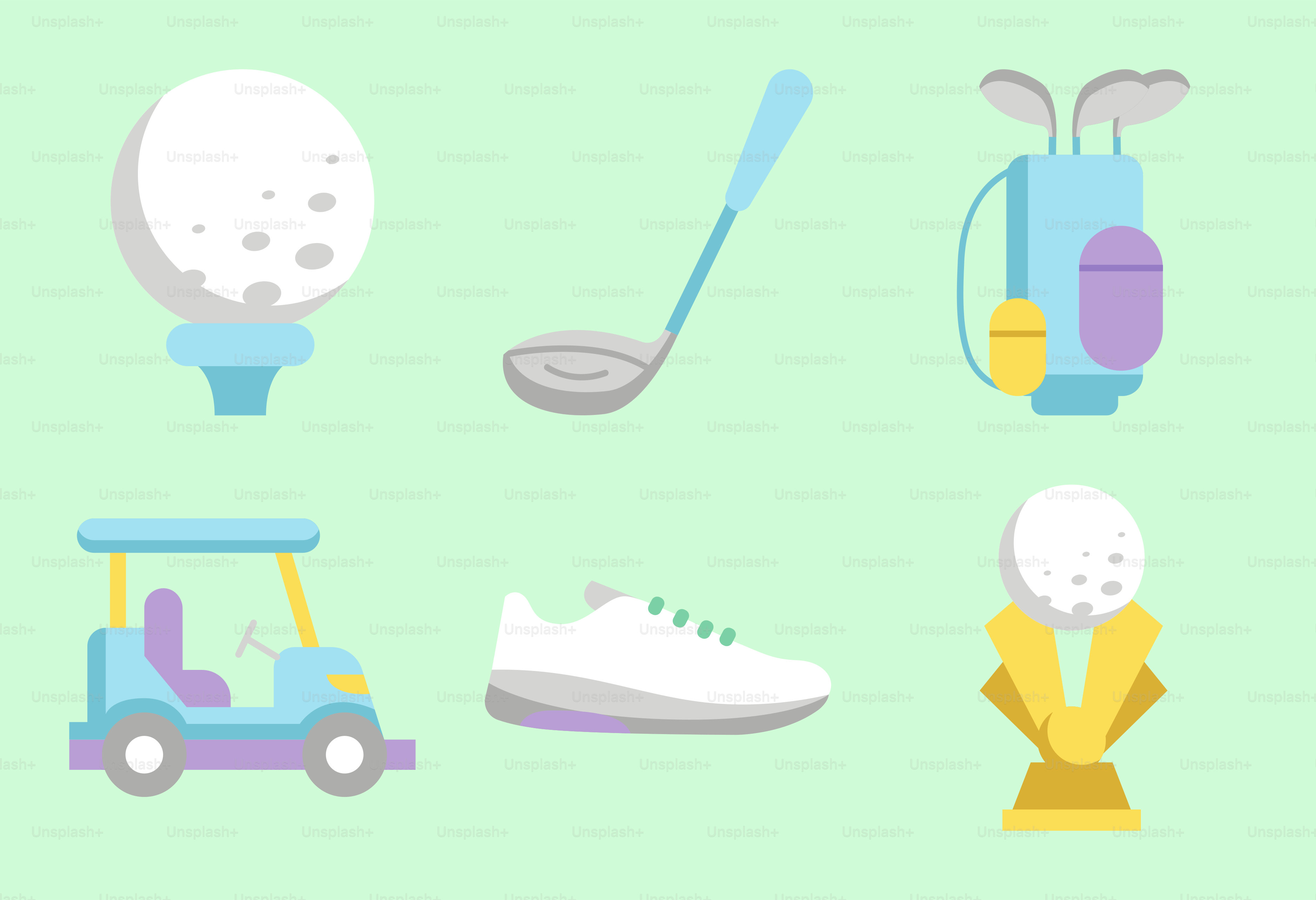 A collection of golf related items on a green background