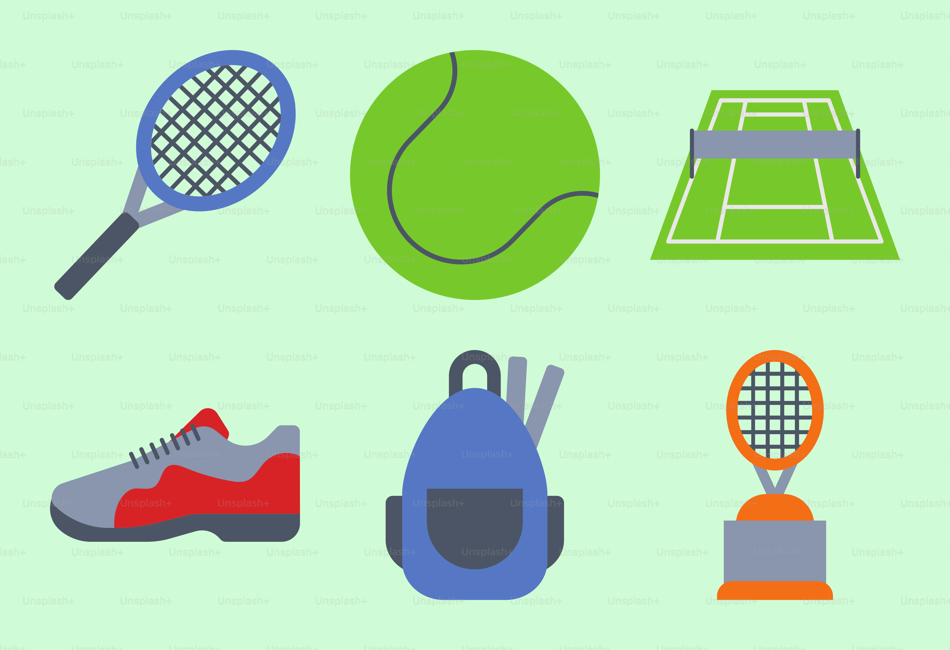 A collection of tennis related items on a green background