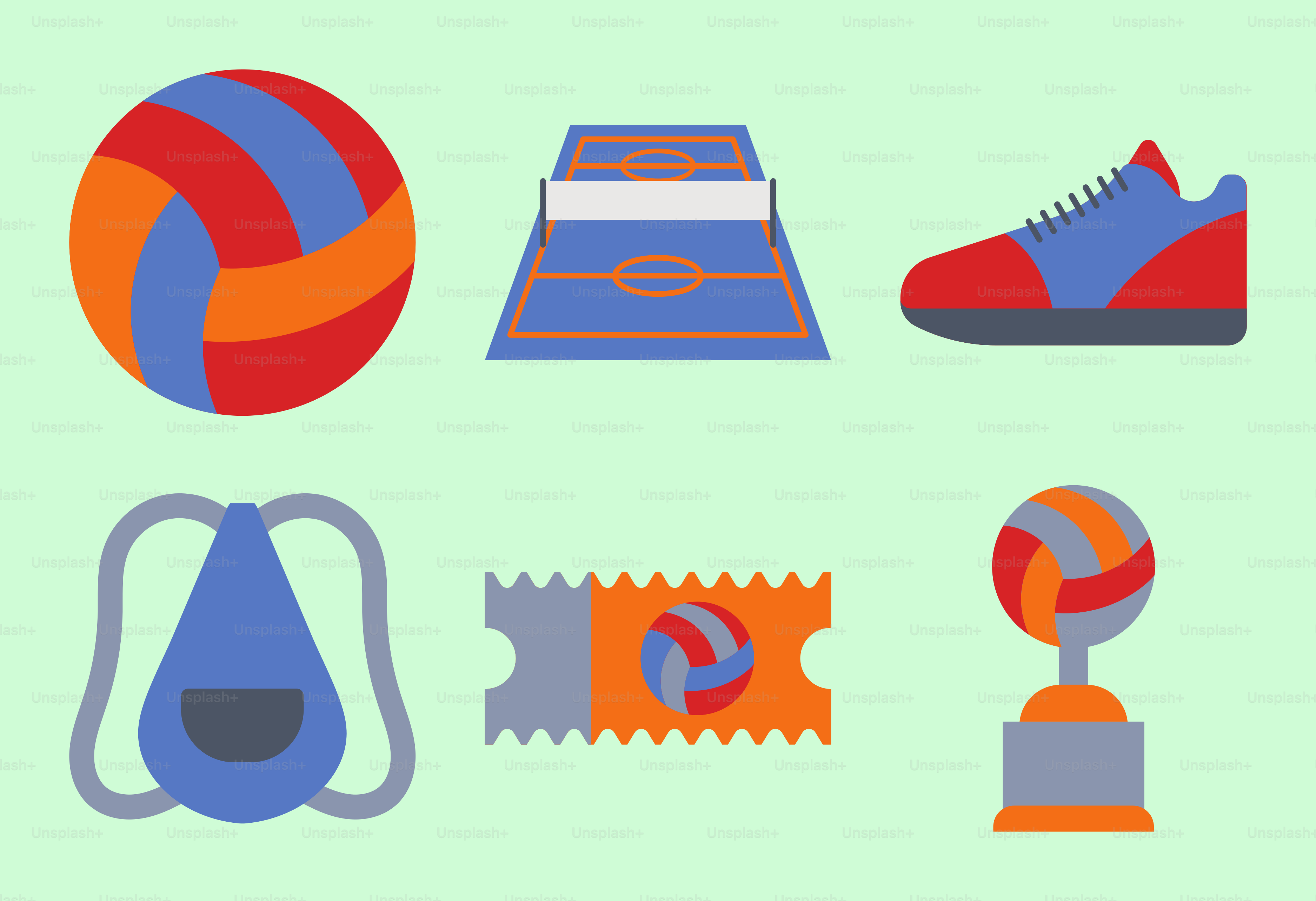 A variety of sports items are shown on a green background