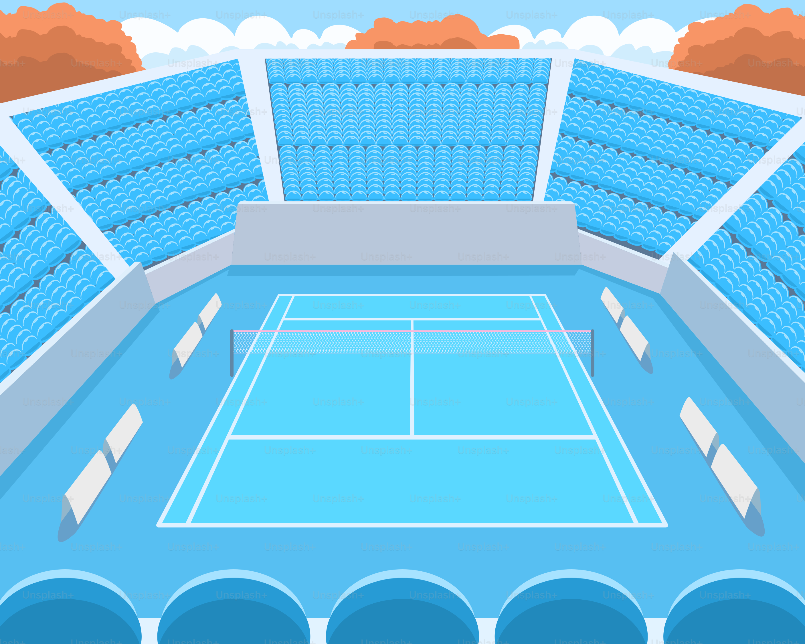 A tennis court with rows of blue seats