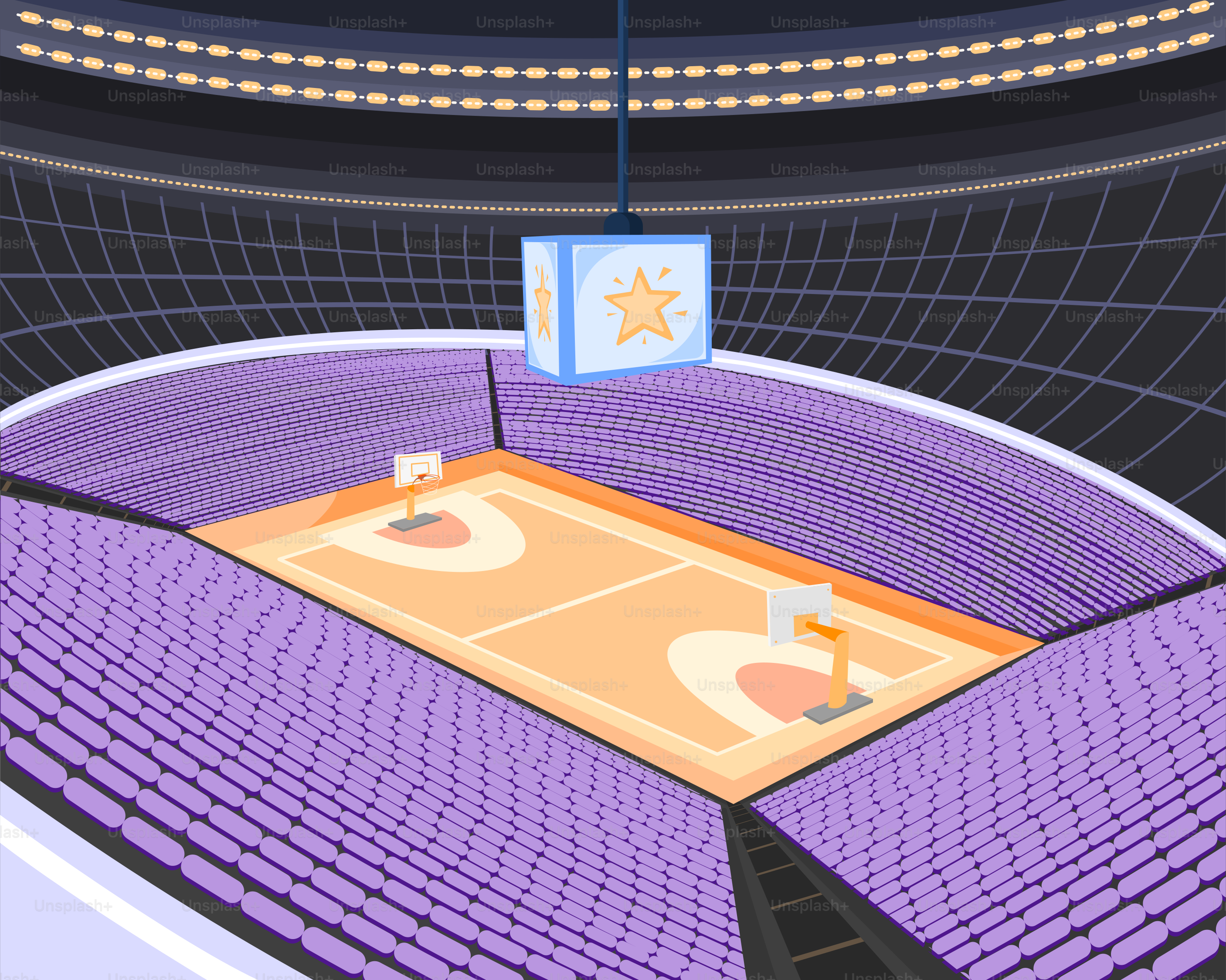 A basketball game being played in an arena