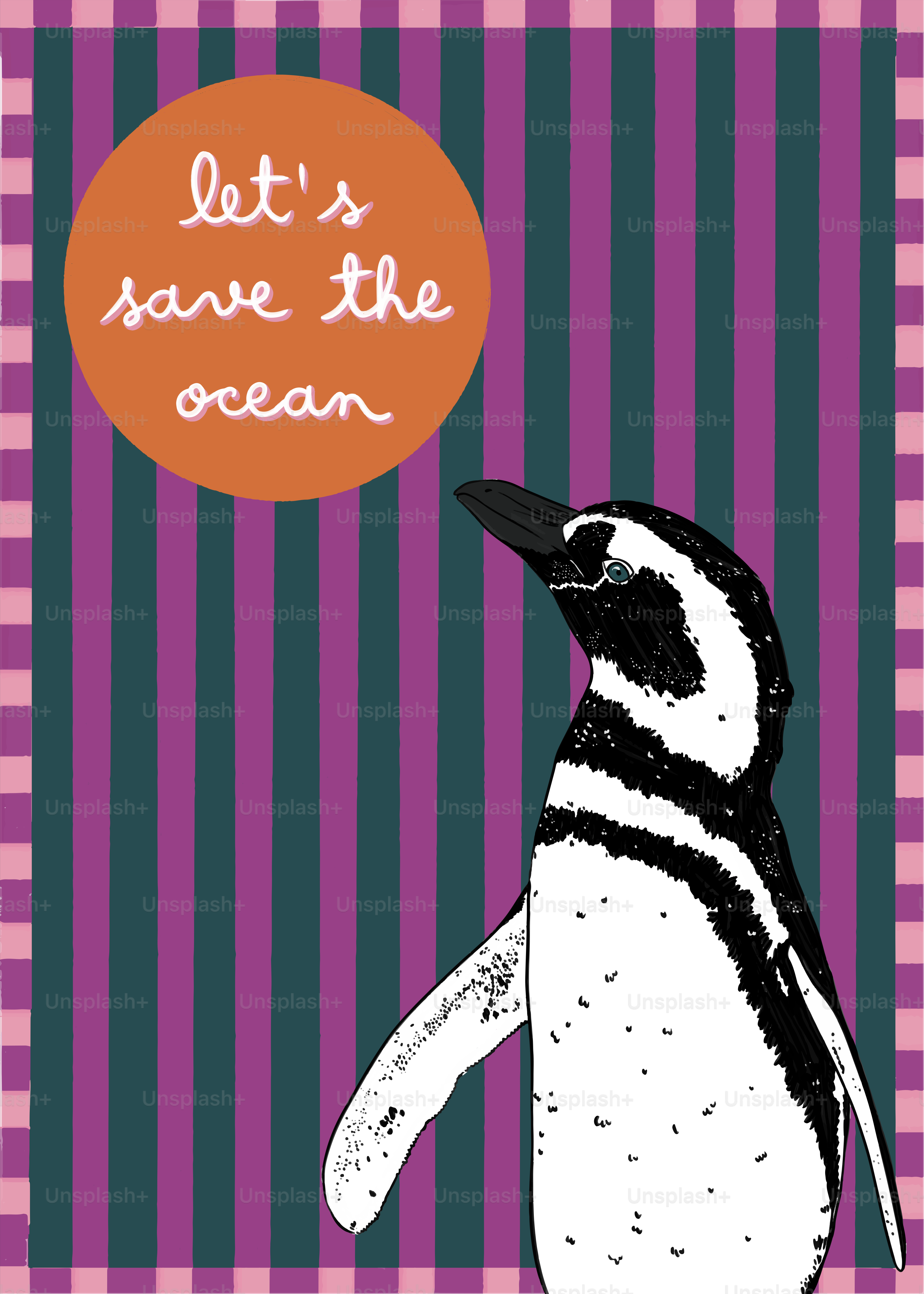 A penguin is standing in front of a purple and black striped background