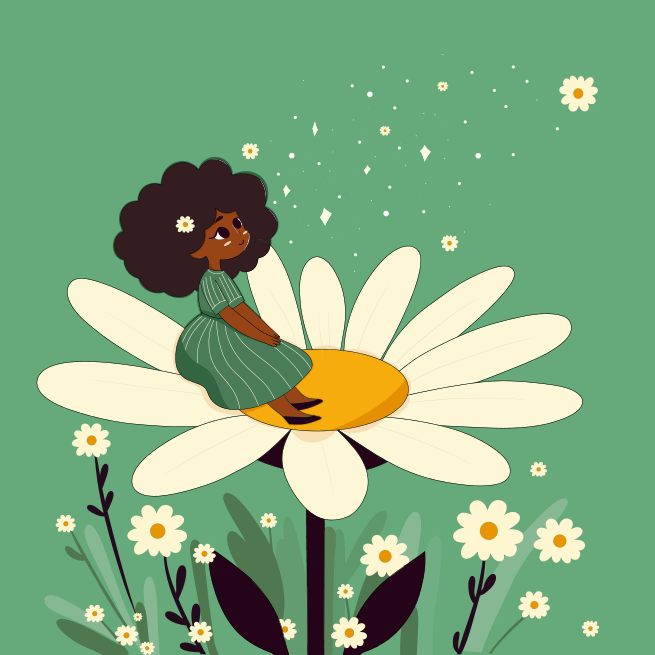 花の上に座る女性