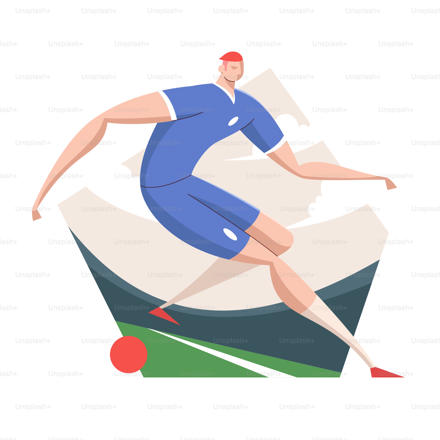 A soccer player is kicking a ball on a field