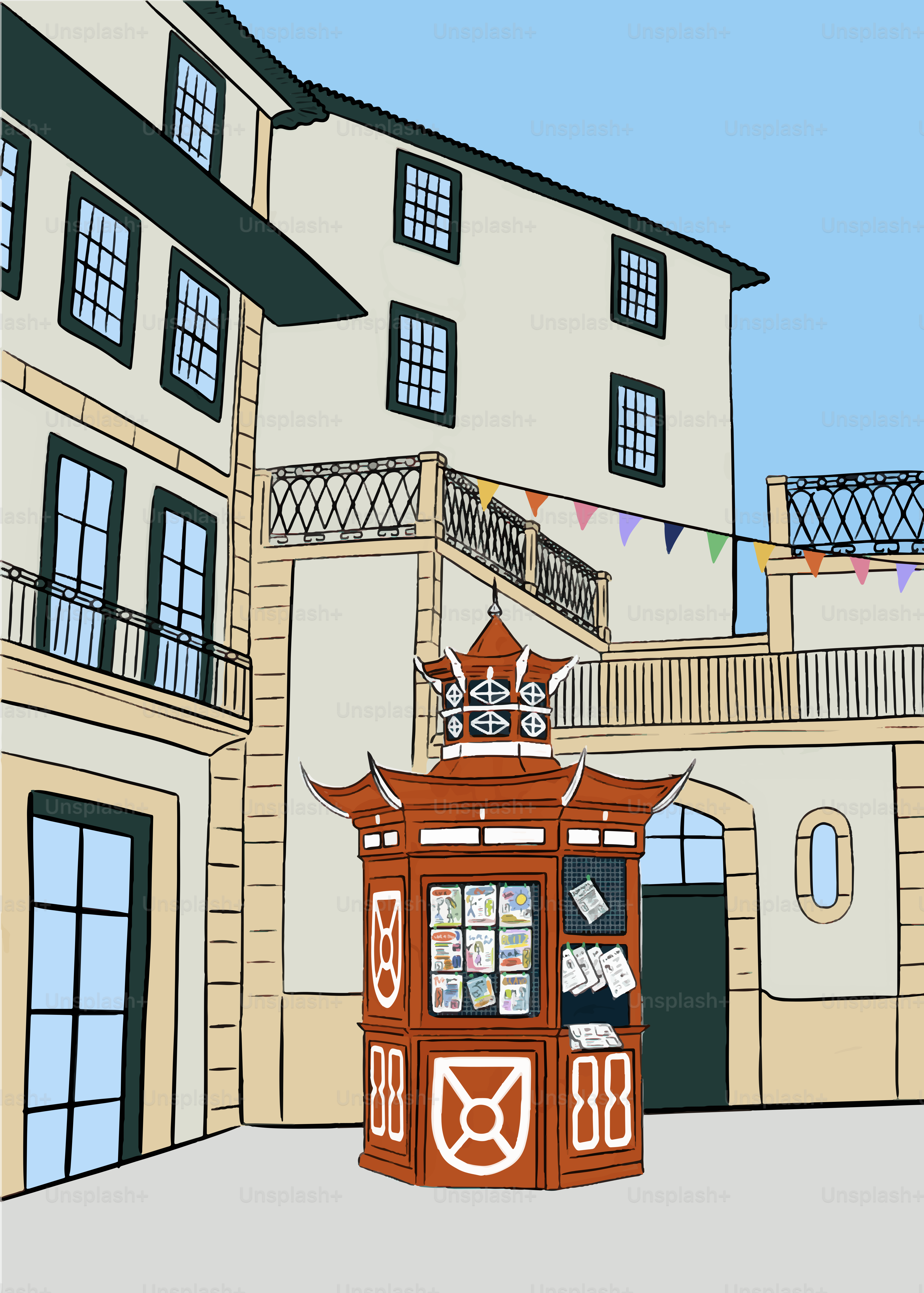 A drawing of a red phone booth in front of a building