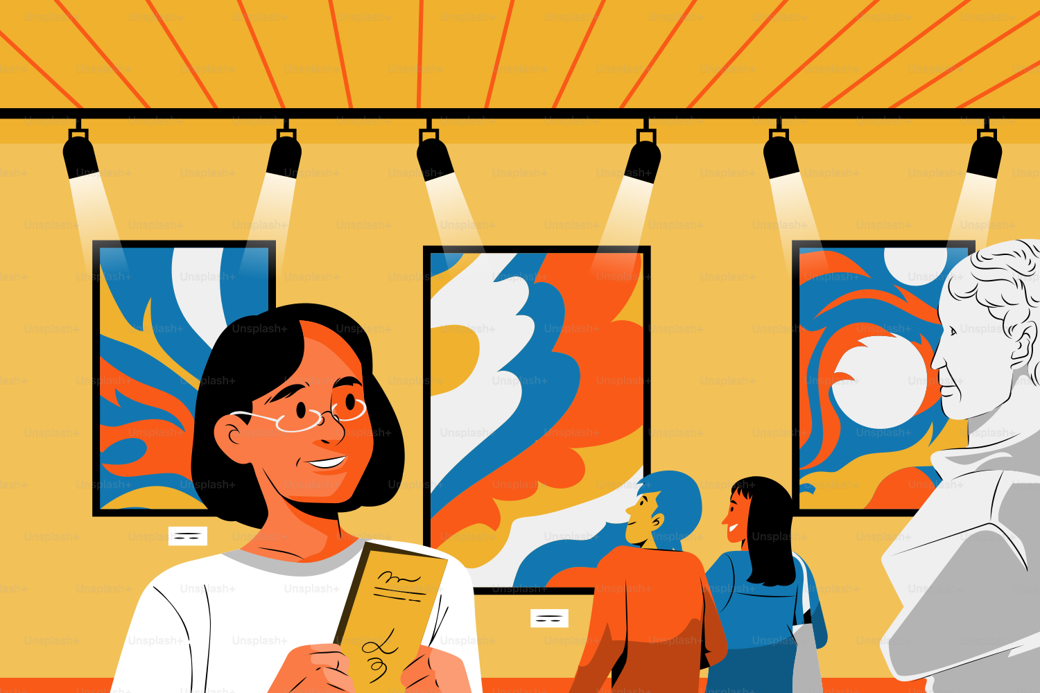 A woman holding a book in a museum