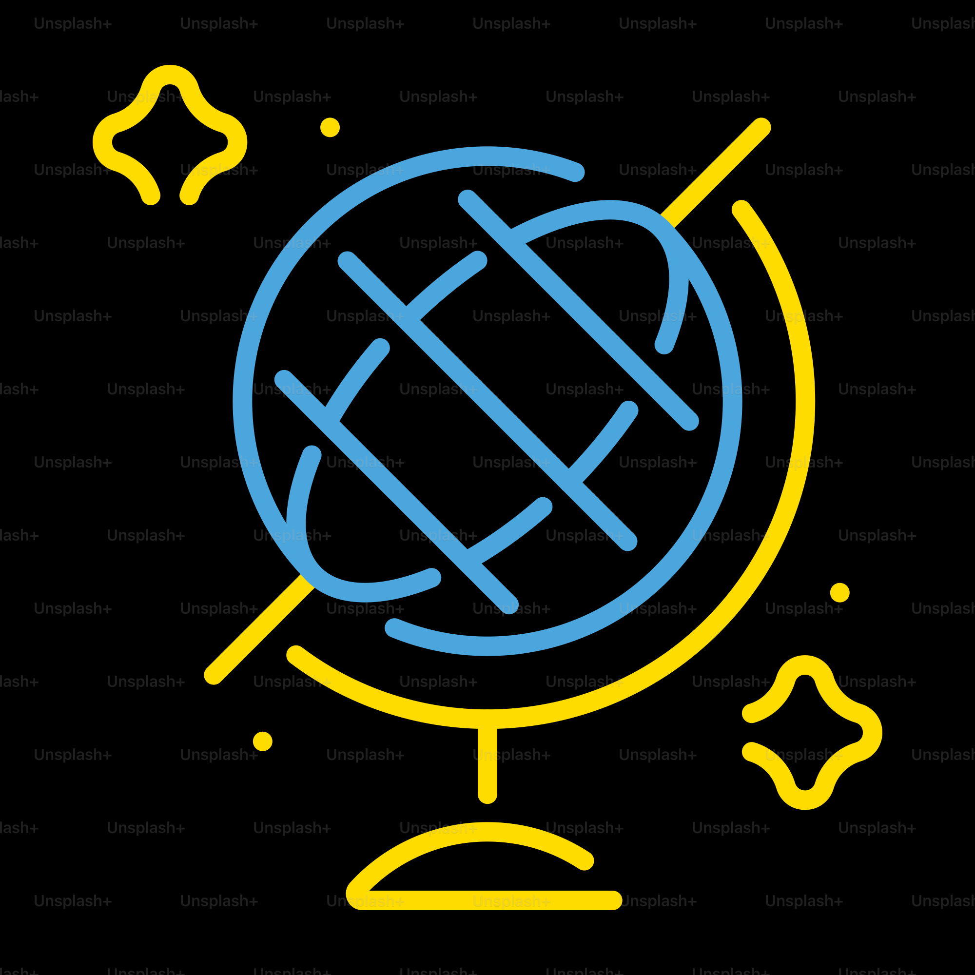 A black background with a yellow and blue outline of a globe