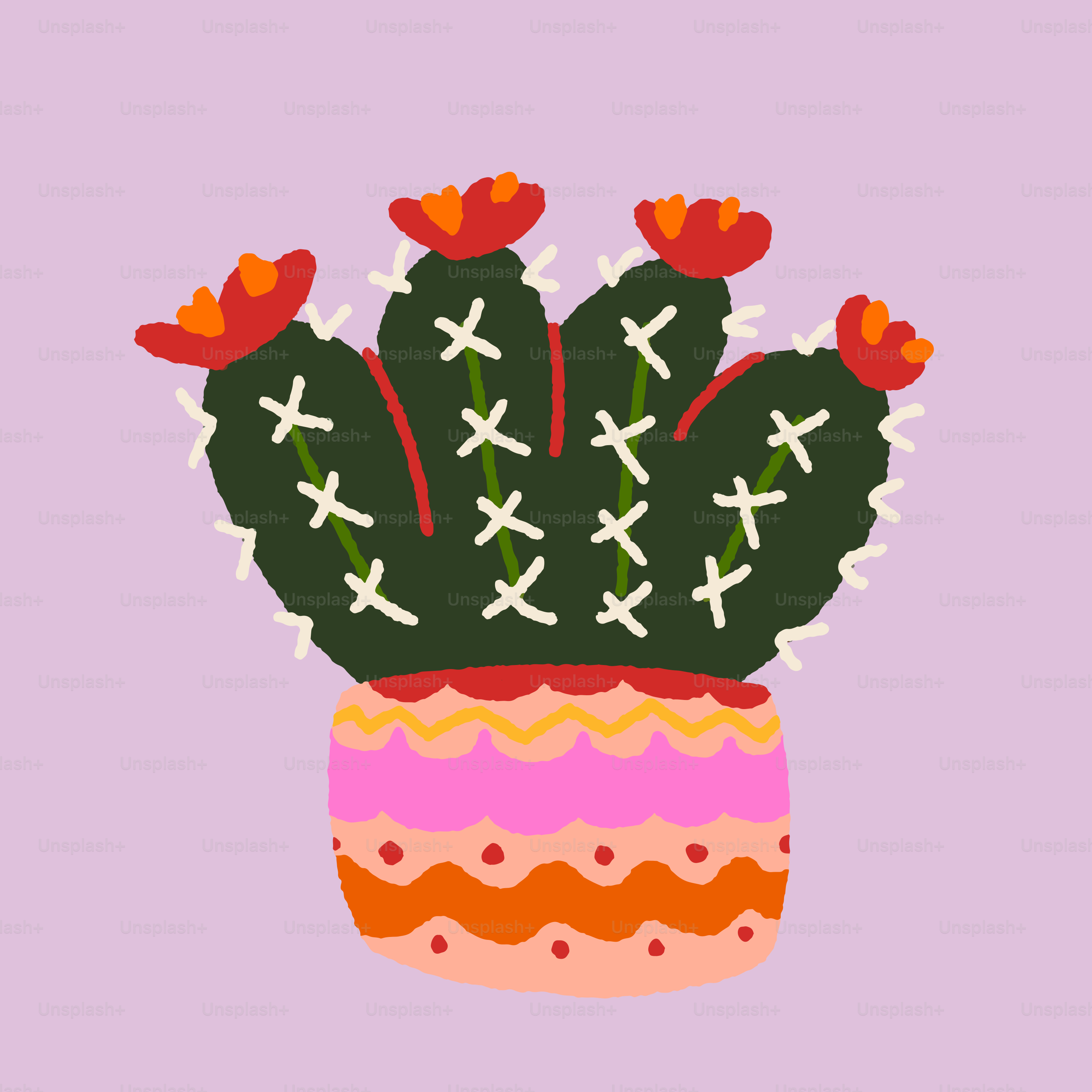 A cactus in a pot with flowers on a purple background