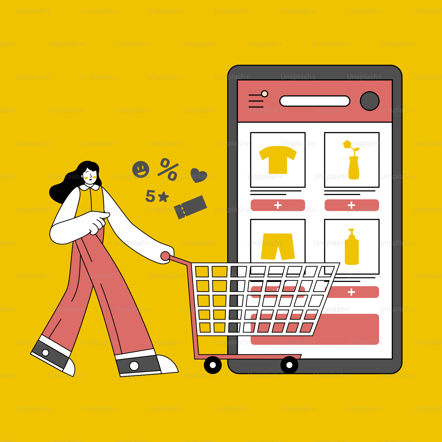 A woman pushing a shopping cart next to a mobile phone