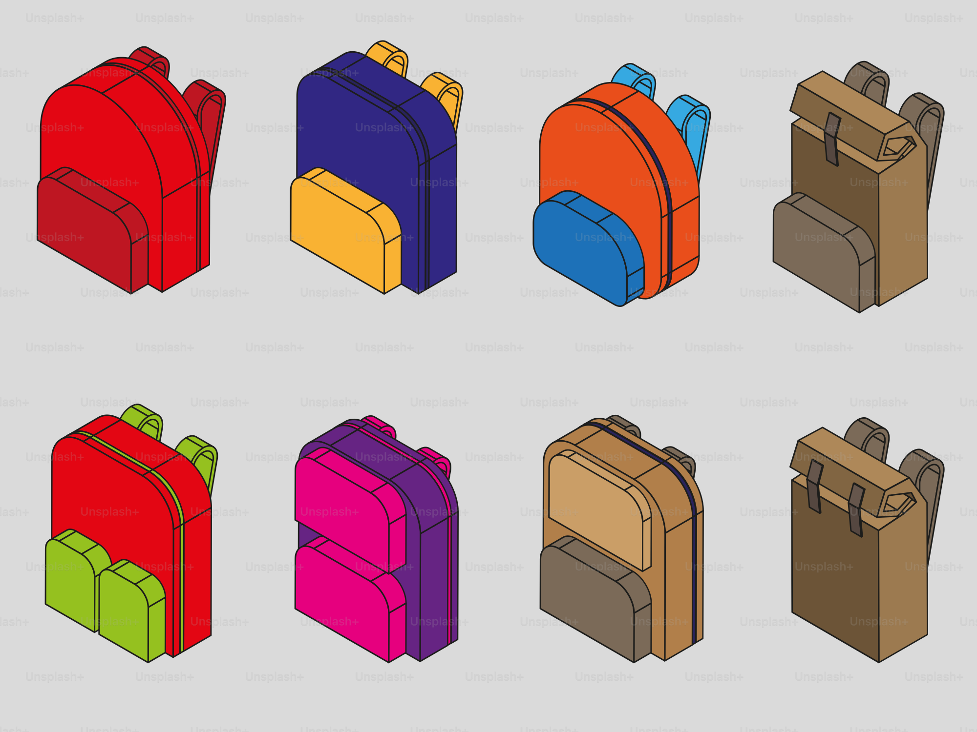 A group of different colored bags sitting next to each other