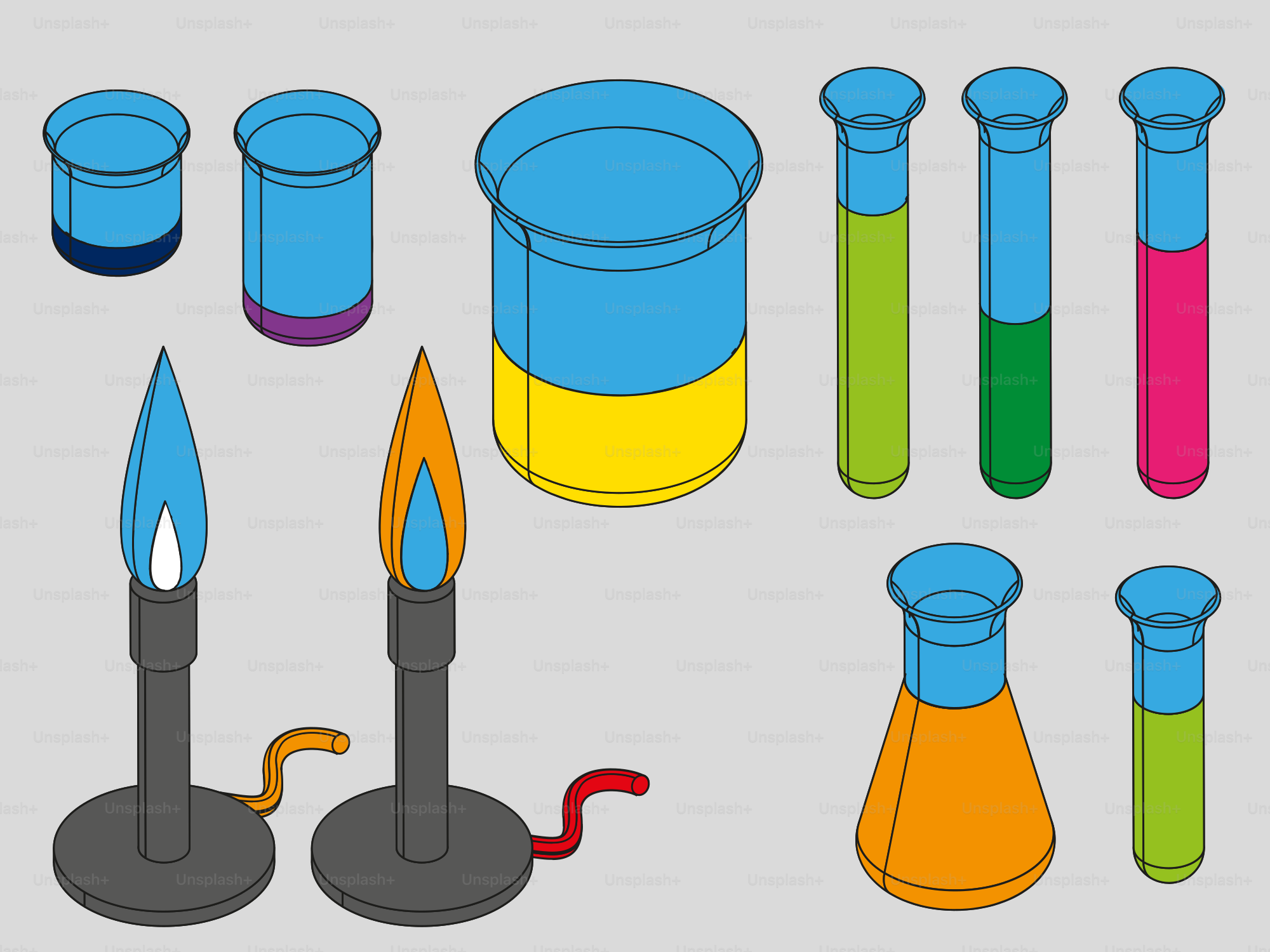 A group of different colored objects on a gray background