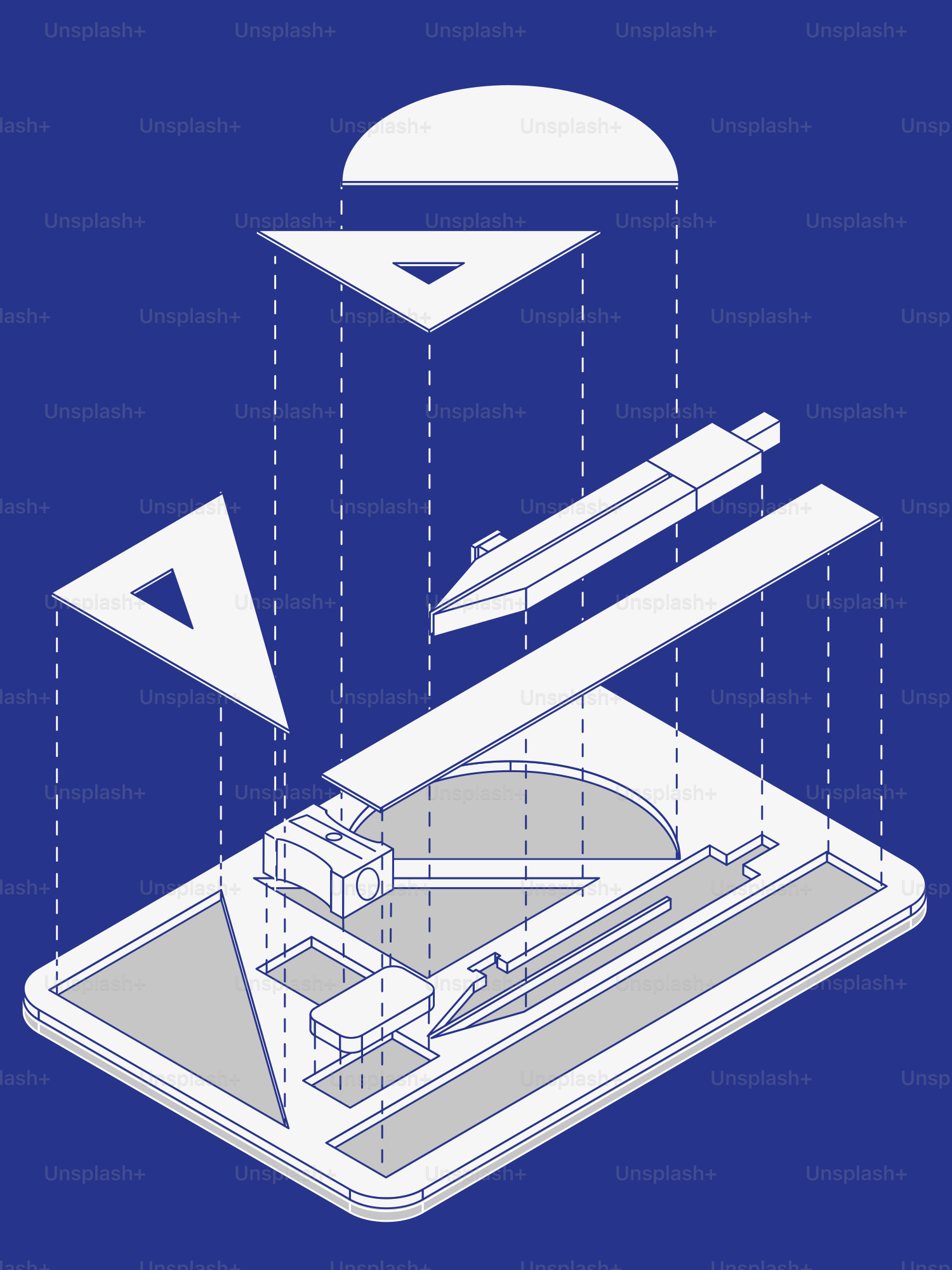 A blue background with a drawing of a laptop and a pen