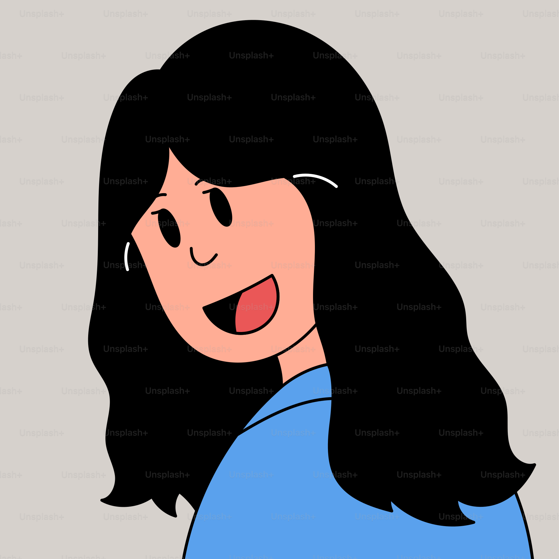 Un disegno di una donna con lunghi capelli neri