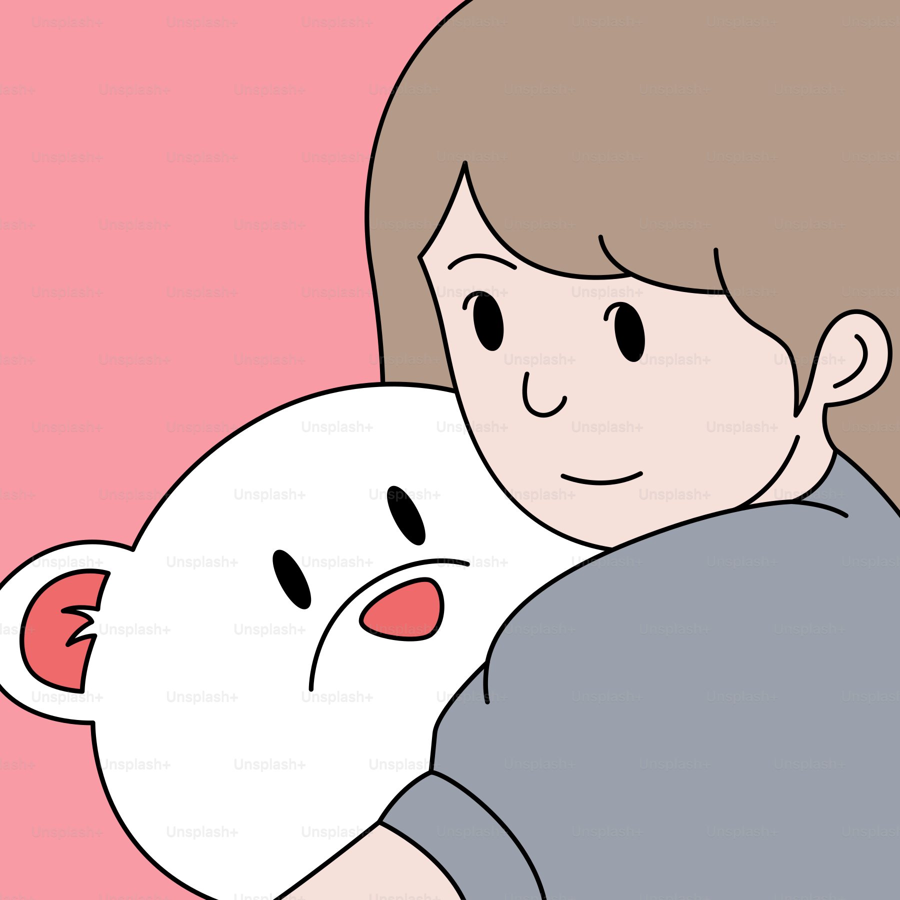 ピンクの背景にテディベアを抱きしめている人物