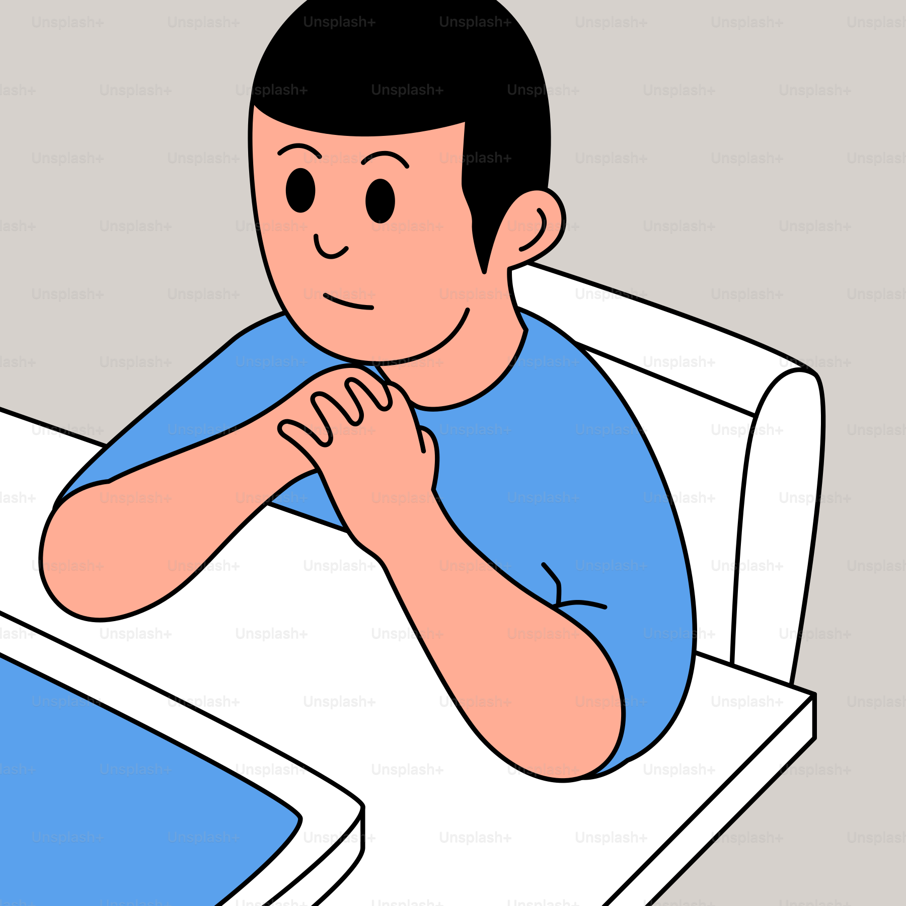 A man laying in bed with his hand on his chest