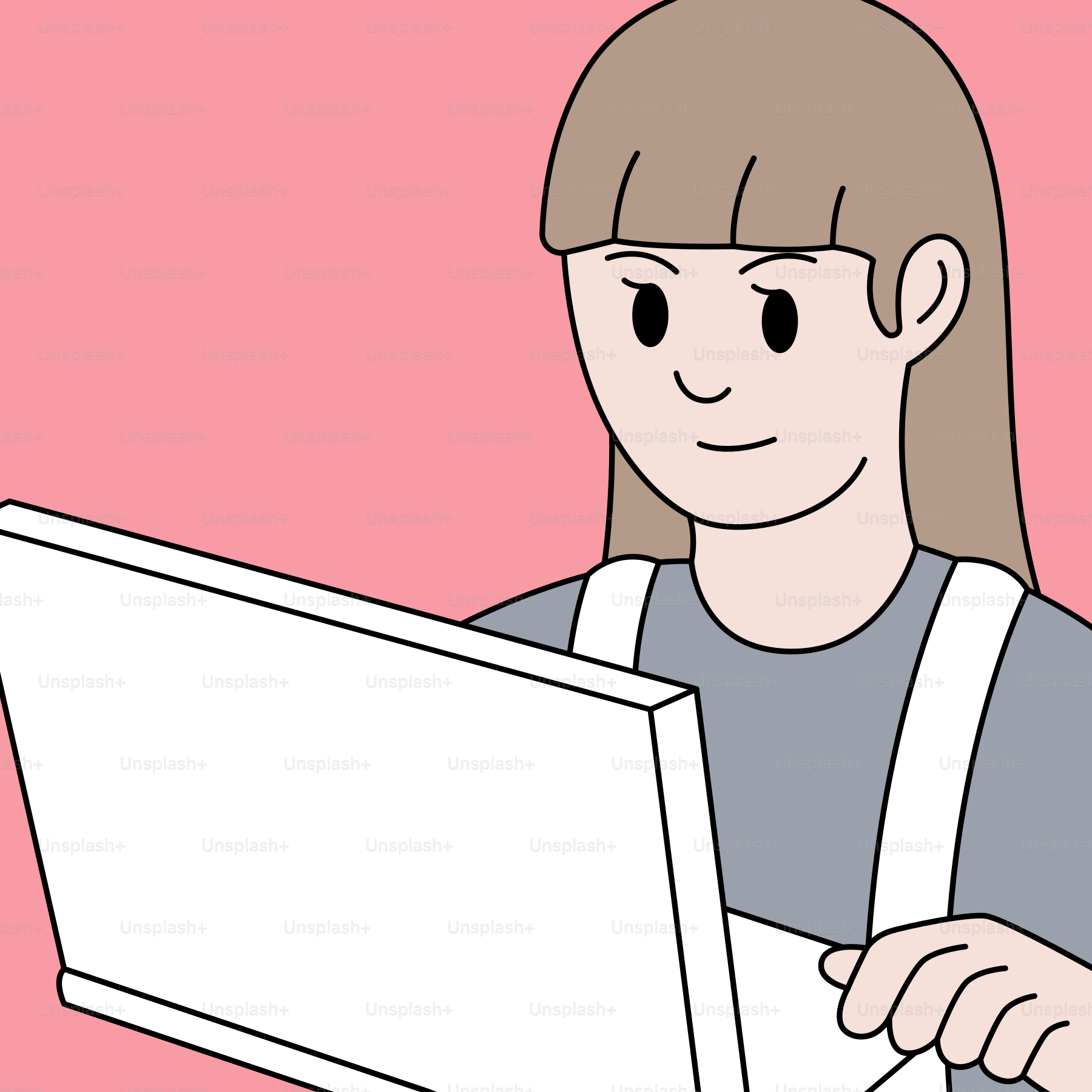 Uma mulher segurando um laptop em frente a um fundo rosa