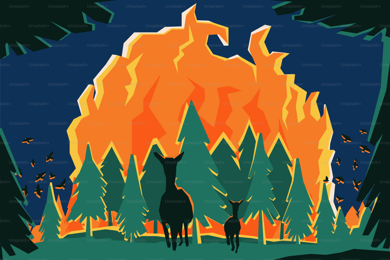 Una imagen de un bosque con un incendio de fondo