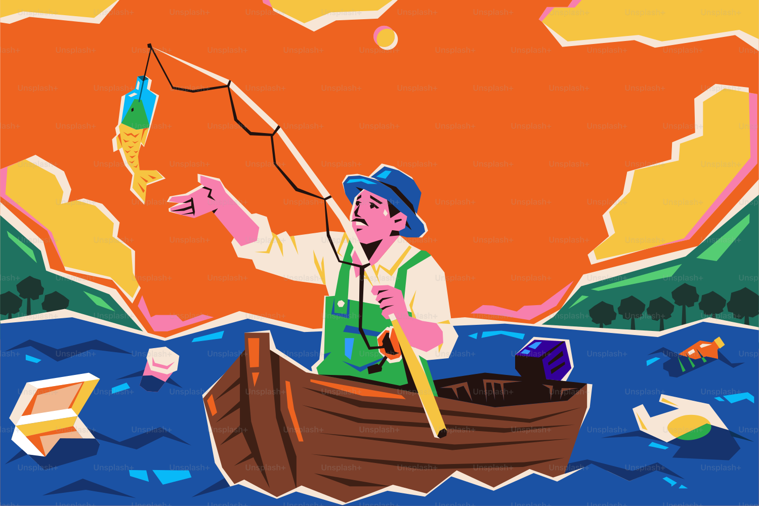 A man in a boat with a fishing rod