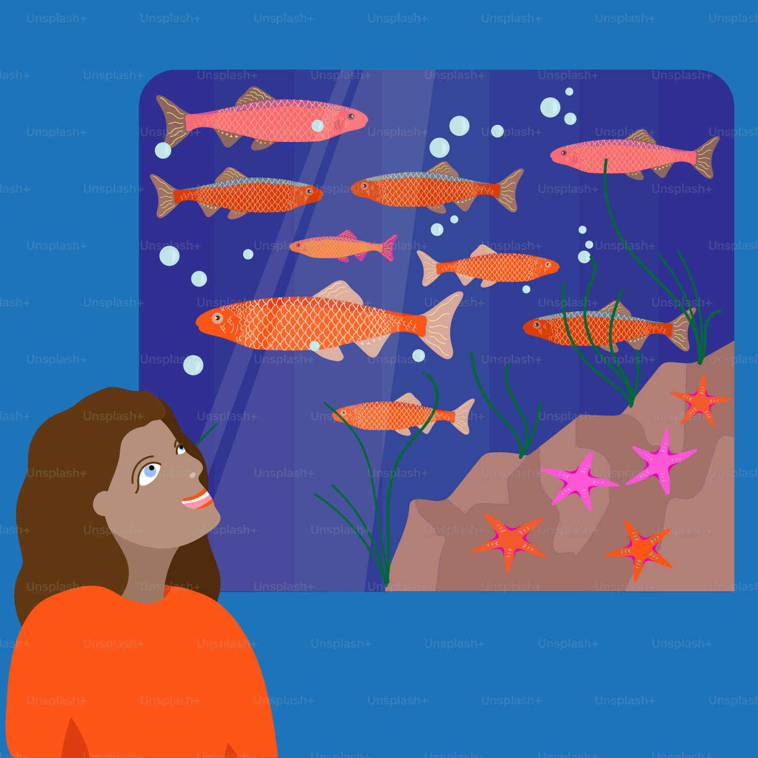 A woman looking at a fish in a tank