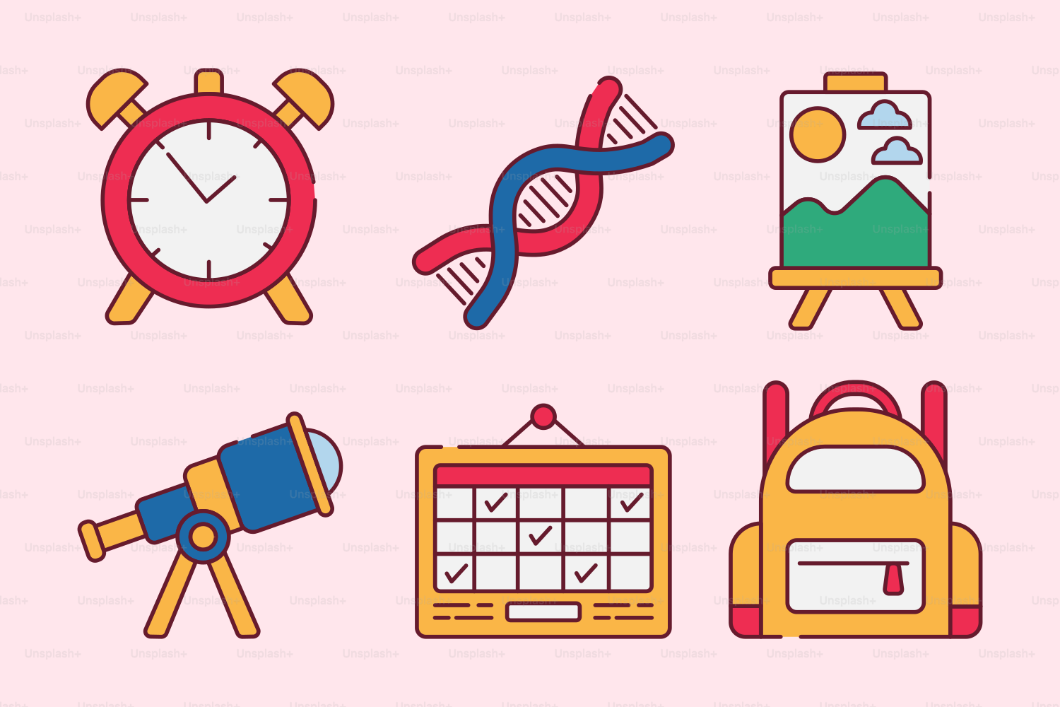 A pink background with a bunch of different things on it