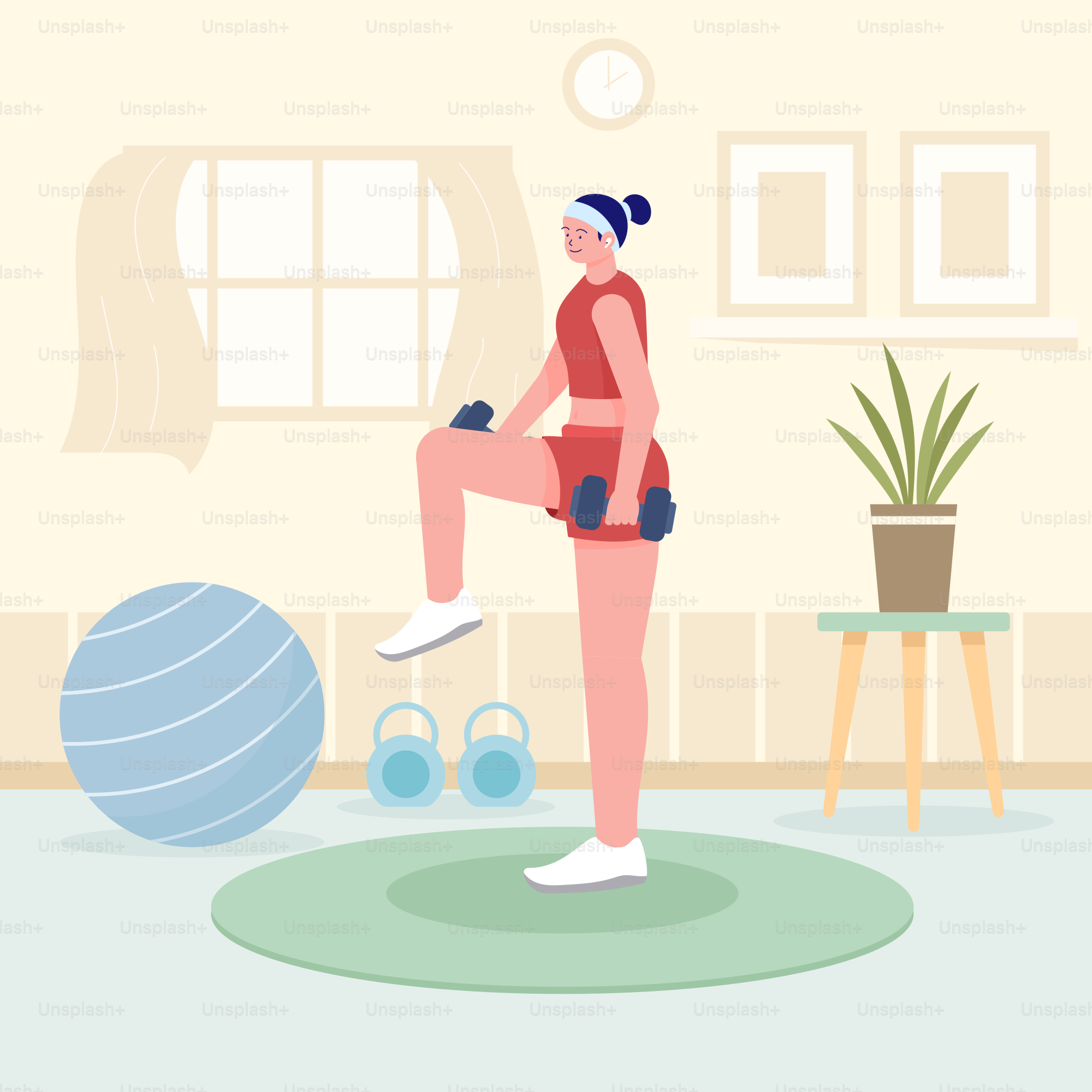 A woman is doing exercises in the living room