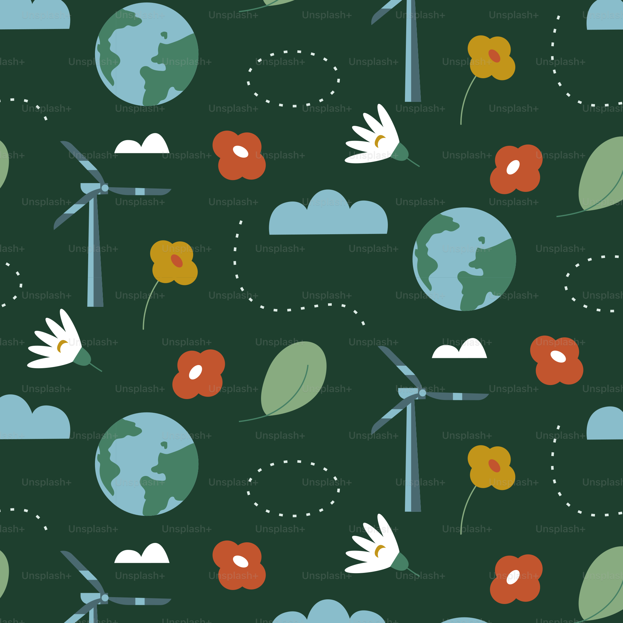 Un fondo verde con turbinas eólicas y flores