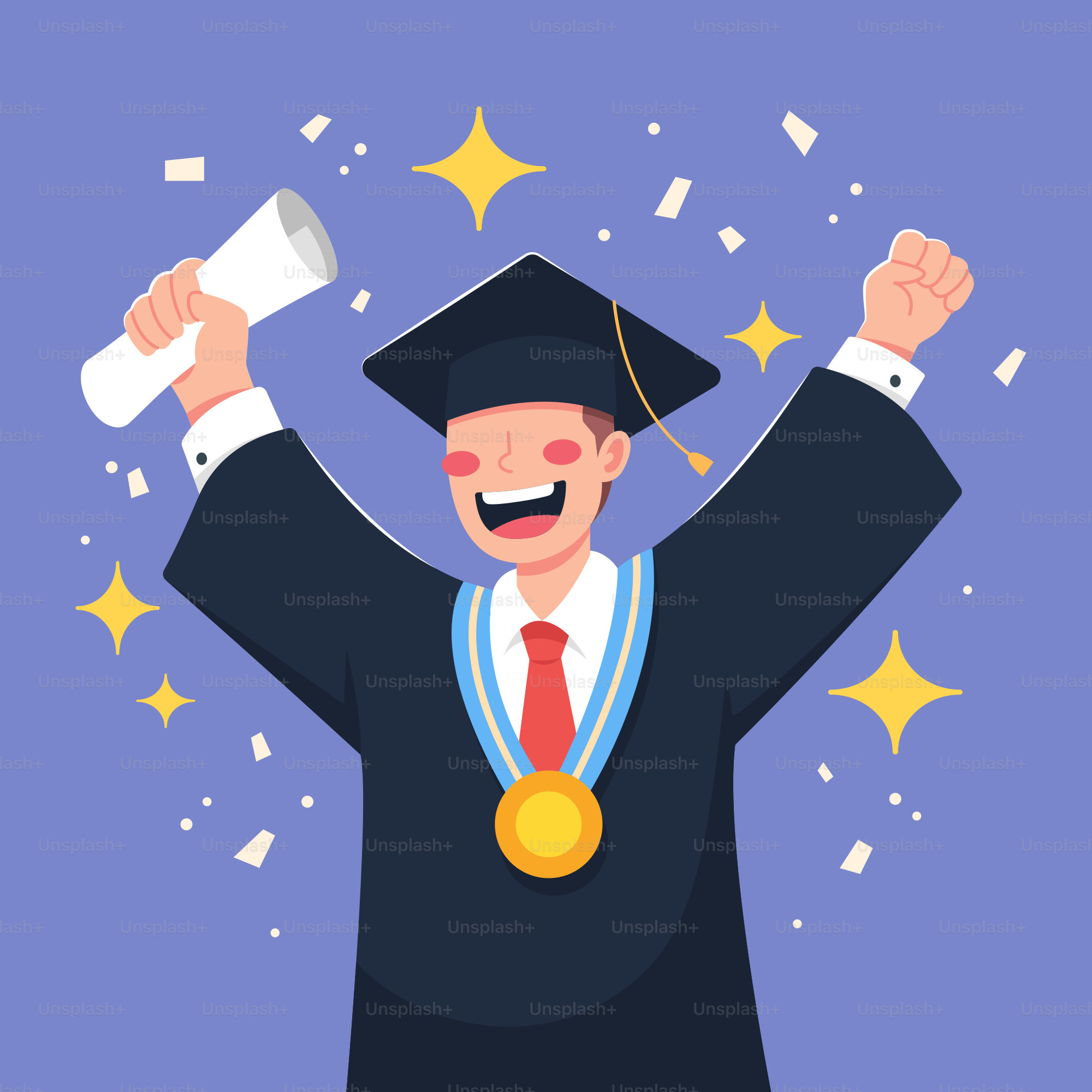 卒業ガウンを着た男がメガホンを持った