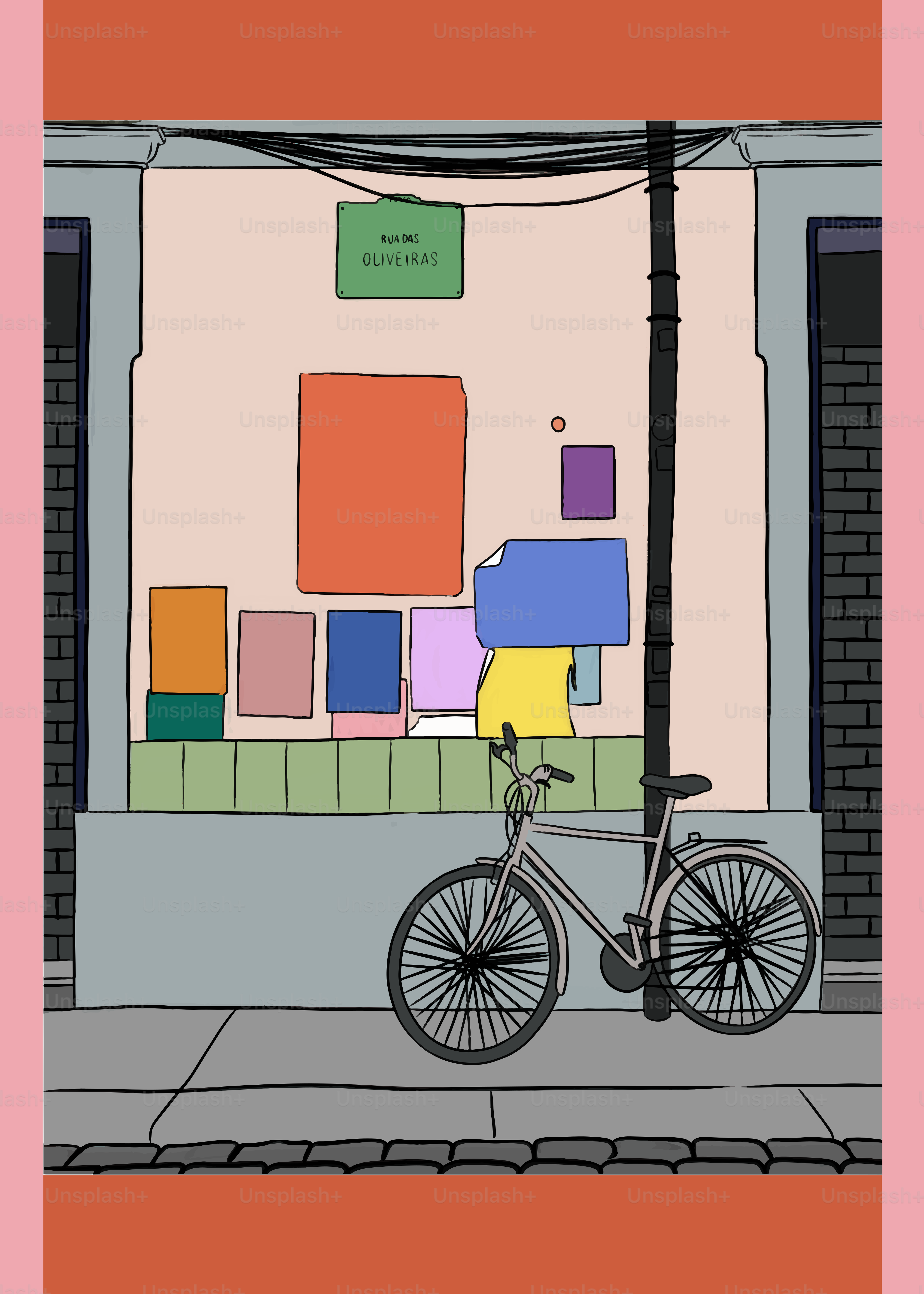 A bicycle is parked in front of a building