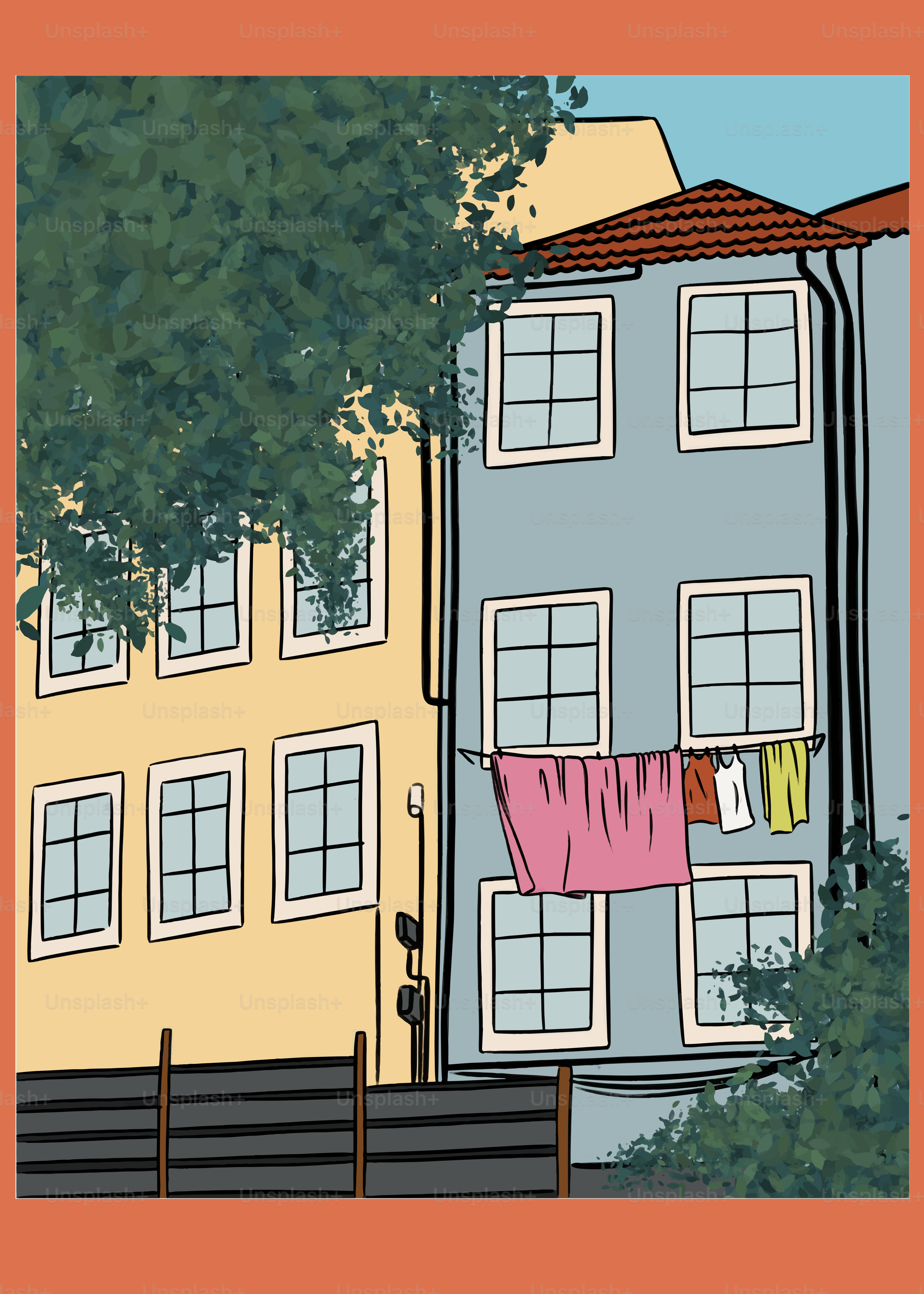 A picture of a building with clothes hanging out to dry