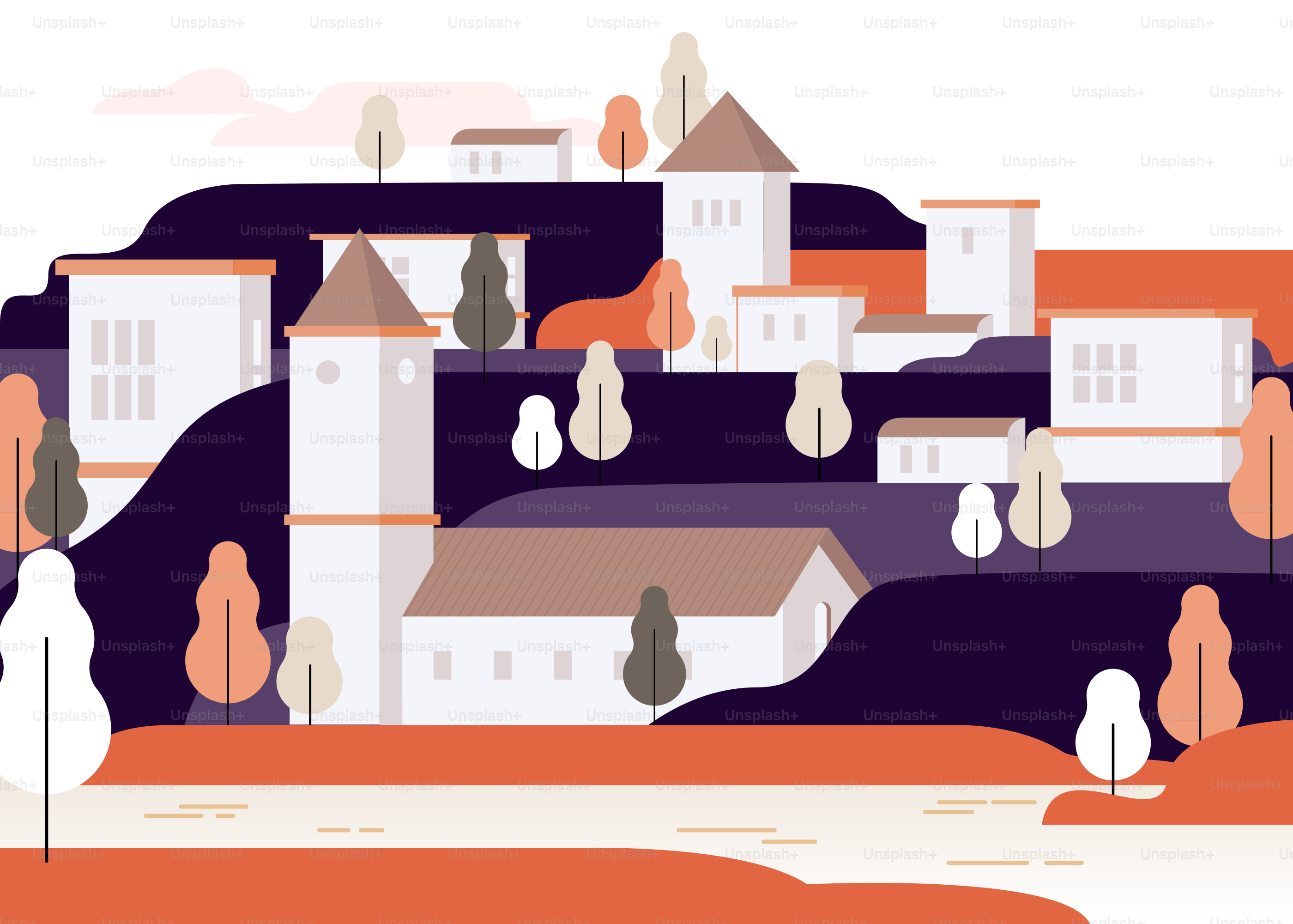 A drawing of a city with trees and buildings