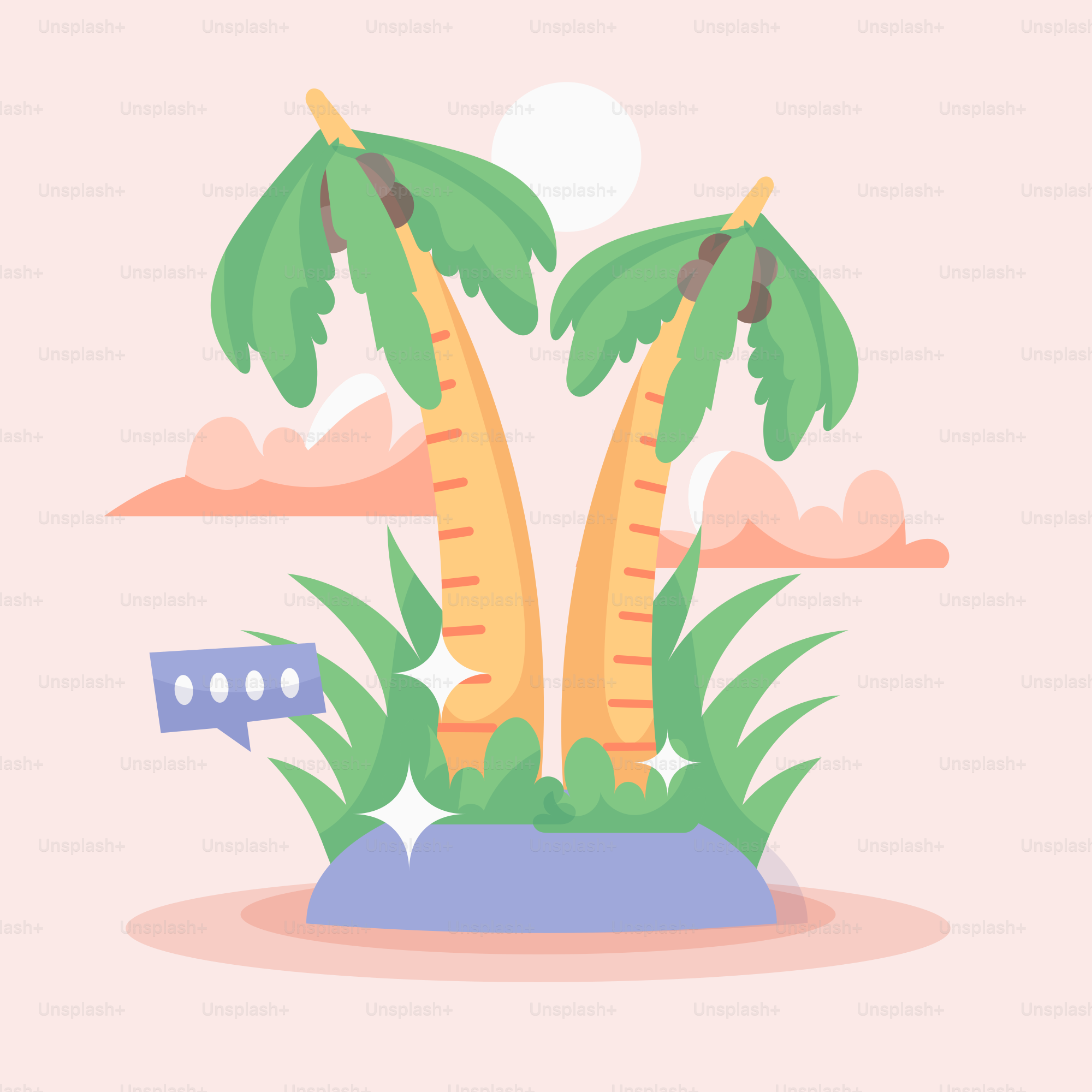 A couple of palm trees sitting on top of a lush green field