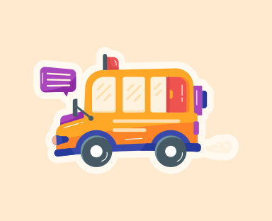 Un autobús naranja con un globo de diálogo encima