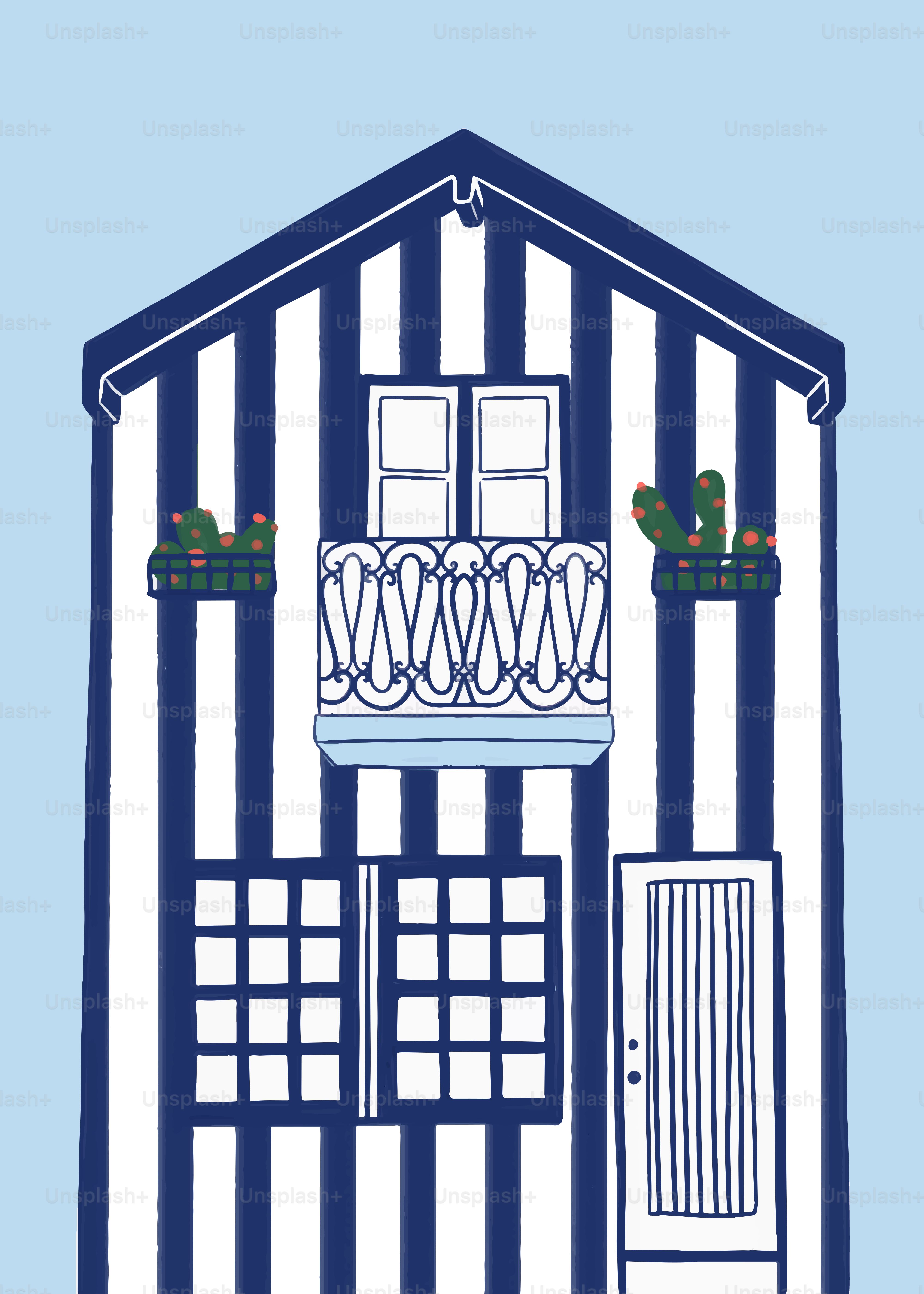 A blue and white house with a balcony