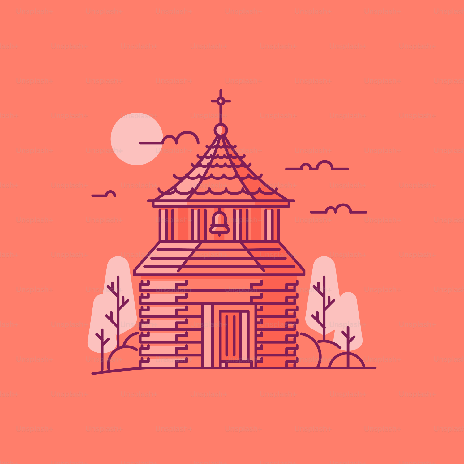 A drawing of a church with a cross on top of it