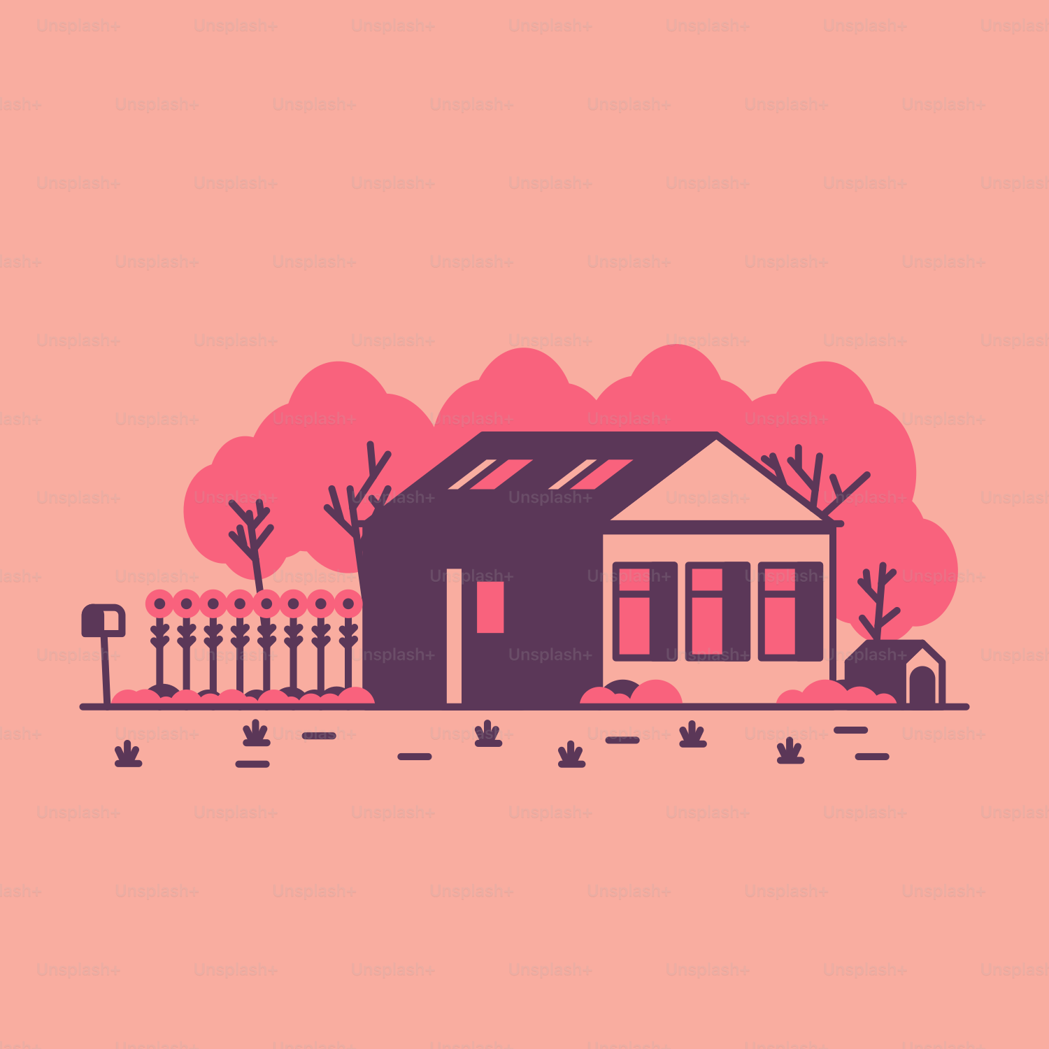 Ein rosa Hintergrund mit einem Haus und einem Zaun