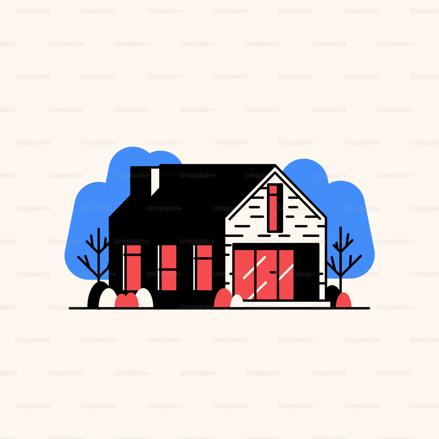 A house with a red door and windows