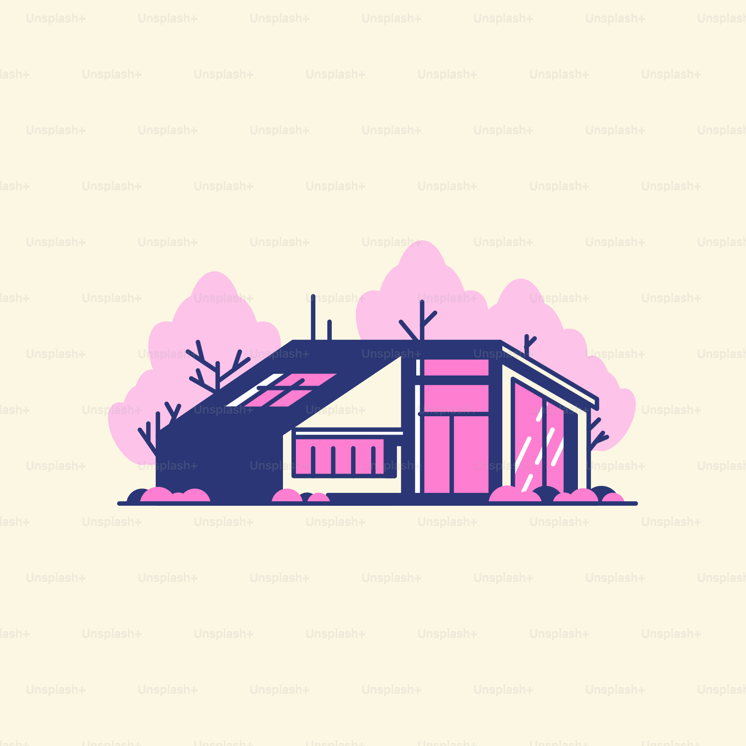 A house with a pink roof and trees in the background