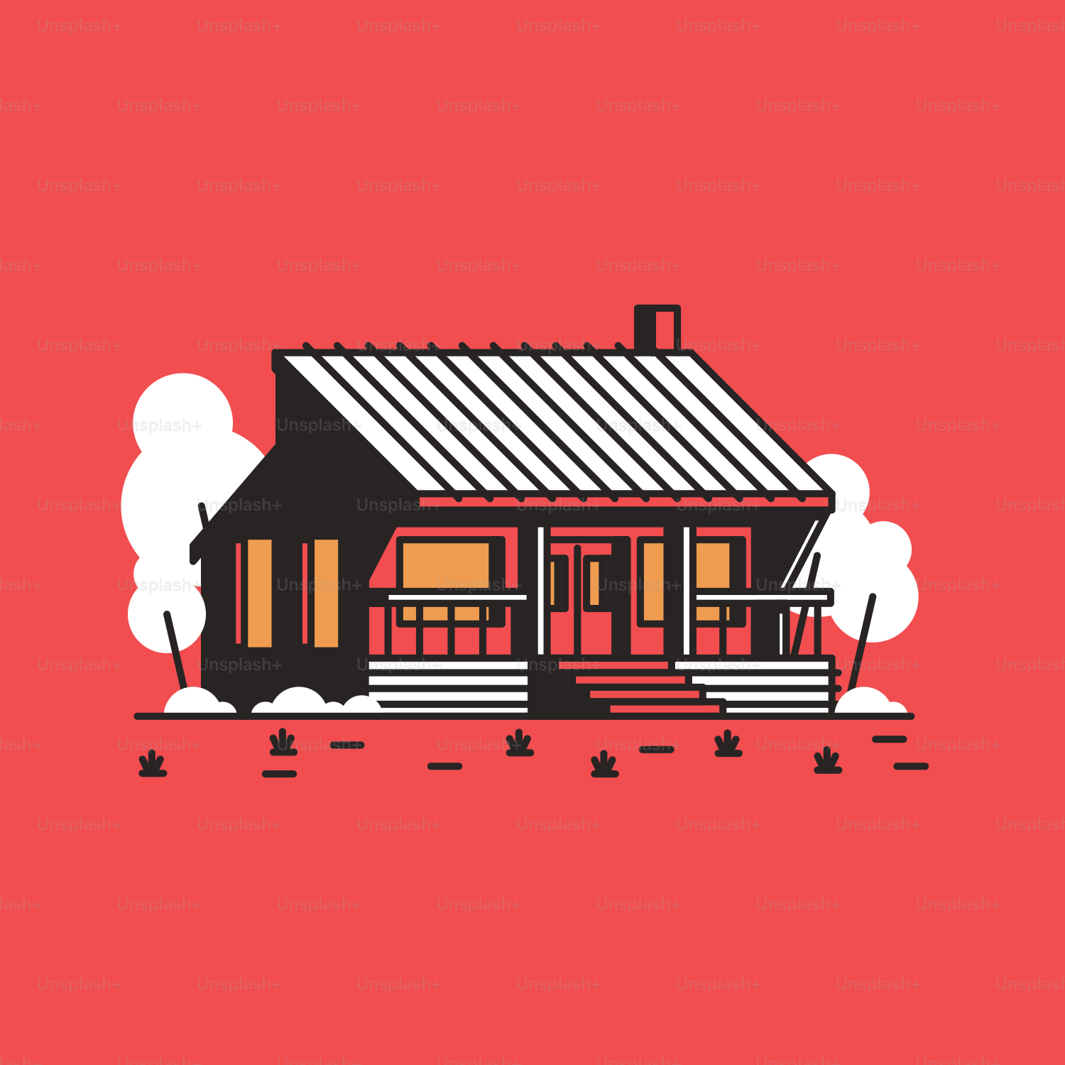 A red background with a small house on it
