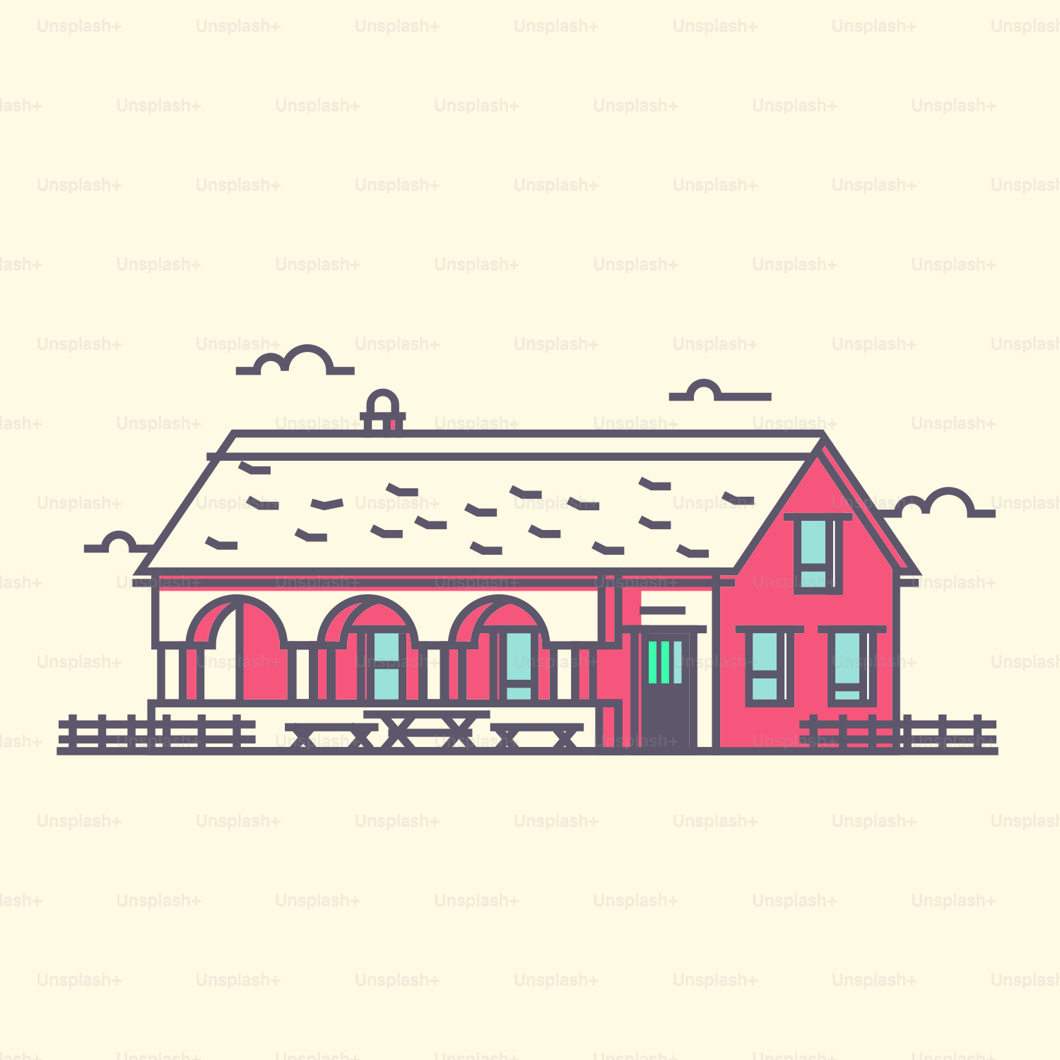 A red house with a white roof and a fence