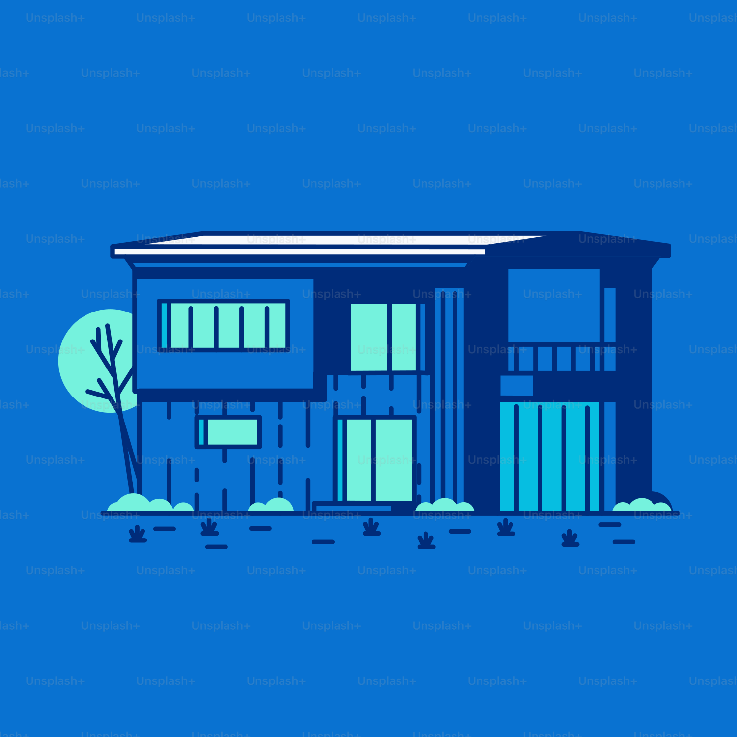 A blue building with a tree in front of it