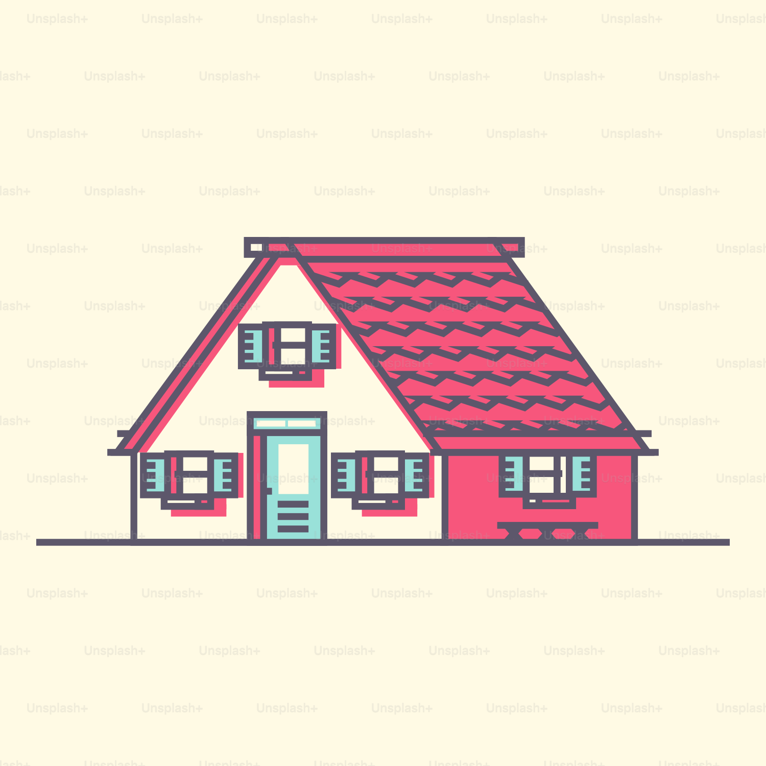 A house with a red roof and a blue door