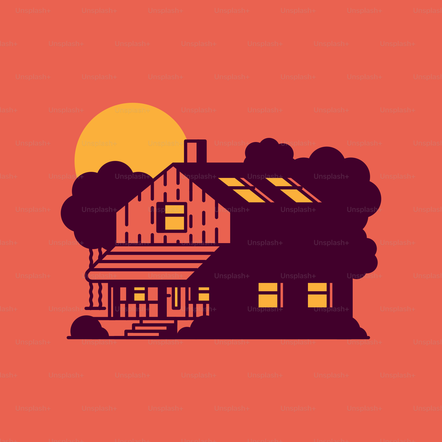 A picture of a house with a sunset in the background